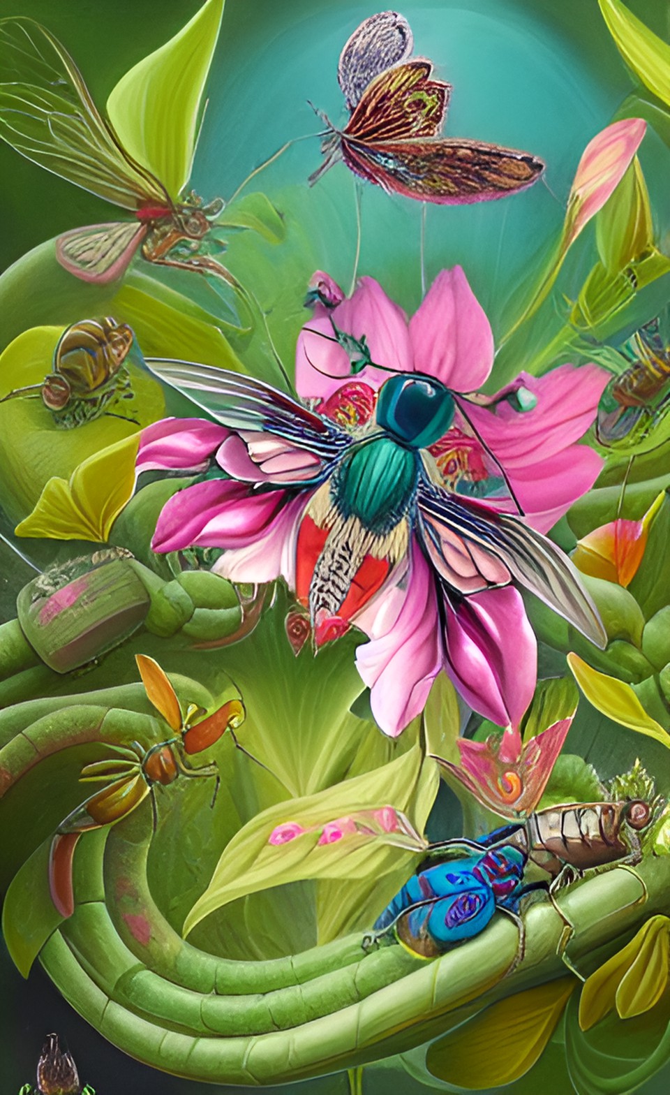 mandala, decorative, color, flower, green leaves, insects, bugs, bird, snake, realistic, botany, botanical, illustration, cientific preview