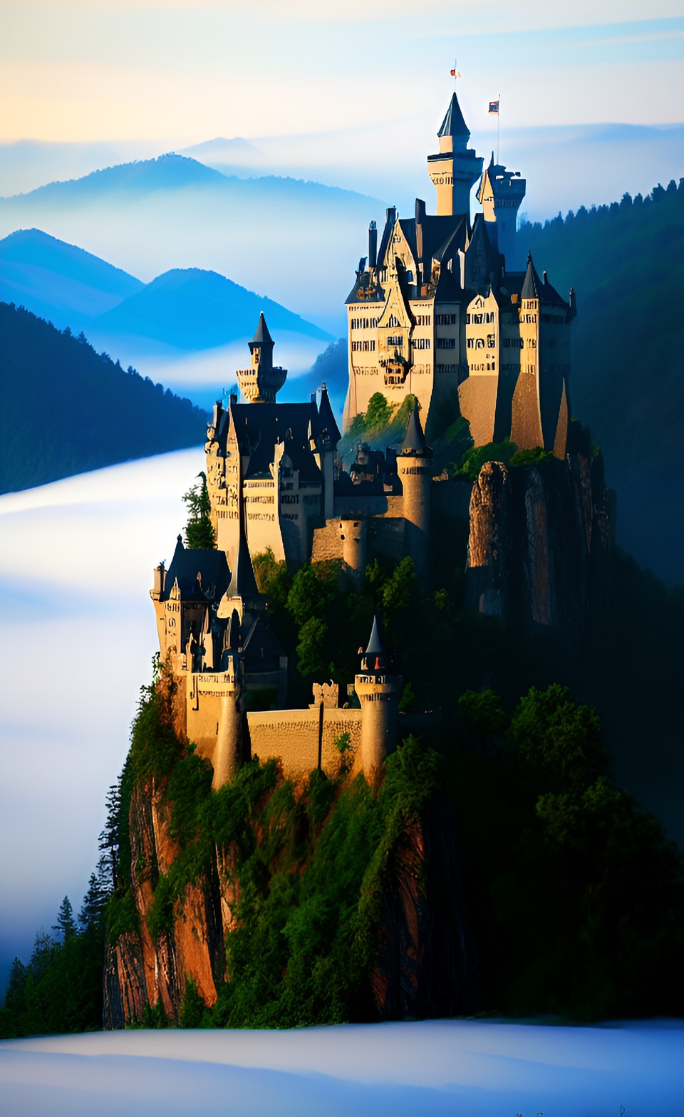 a castle surrounded by misty mountains preview