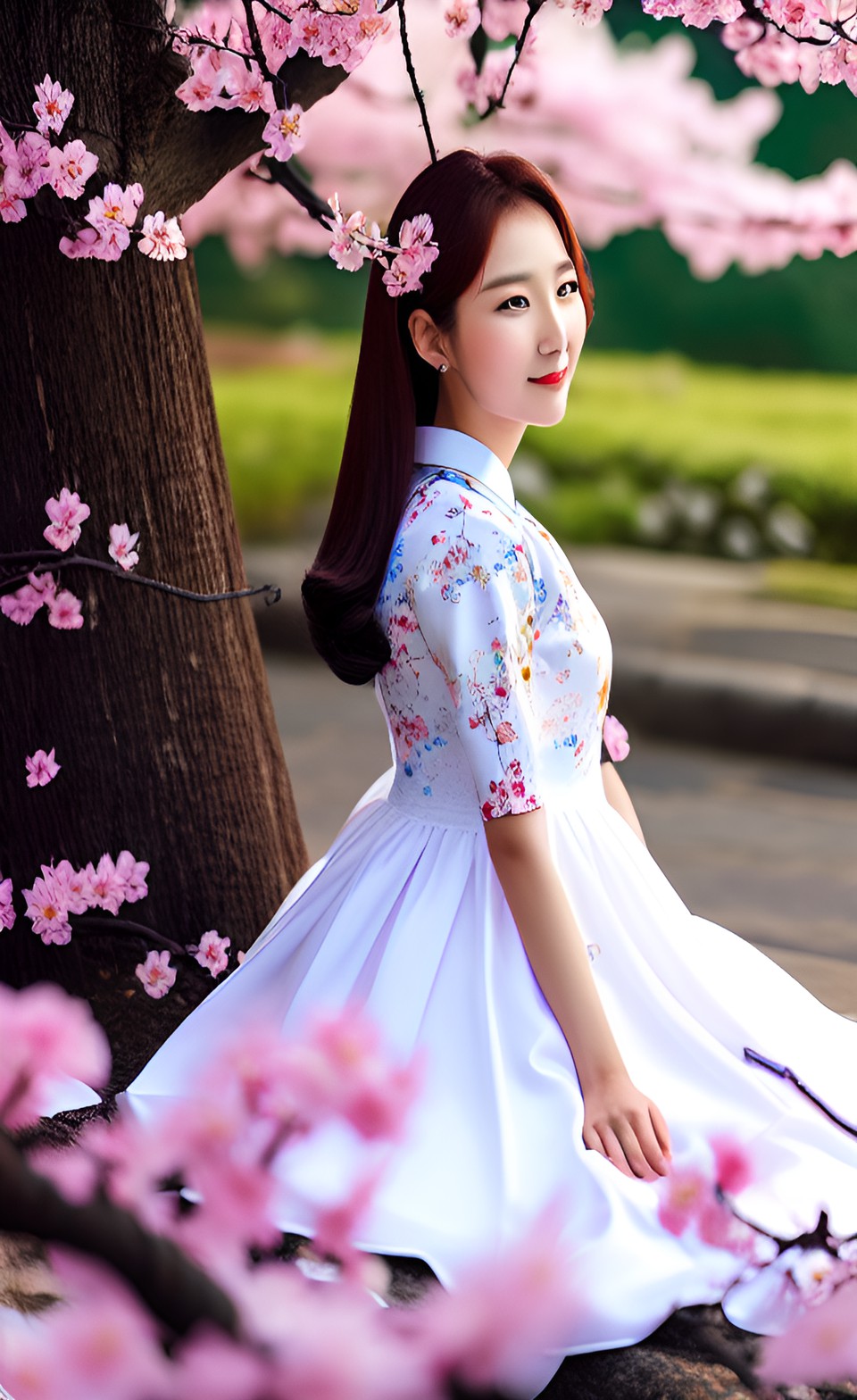 korean blossom tree and a woman sitting under it preview