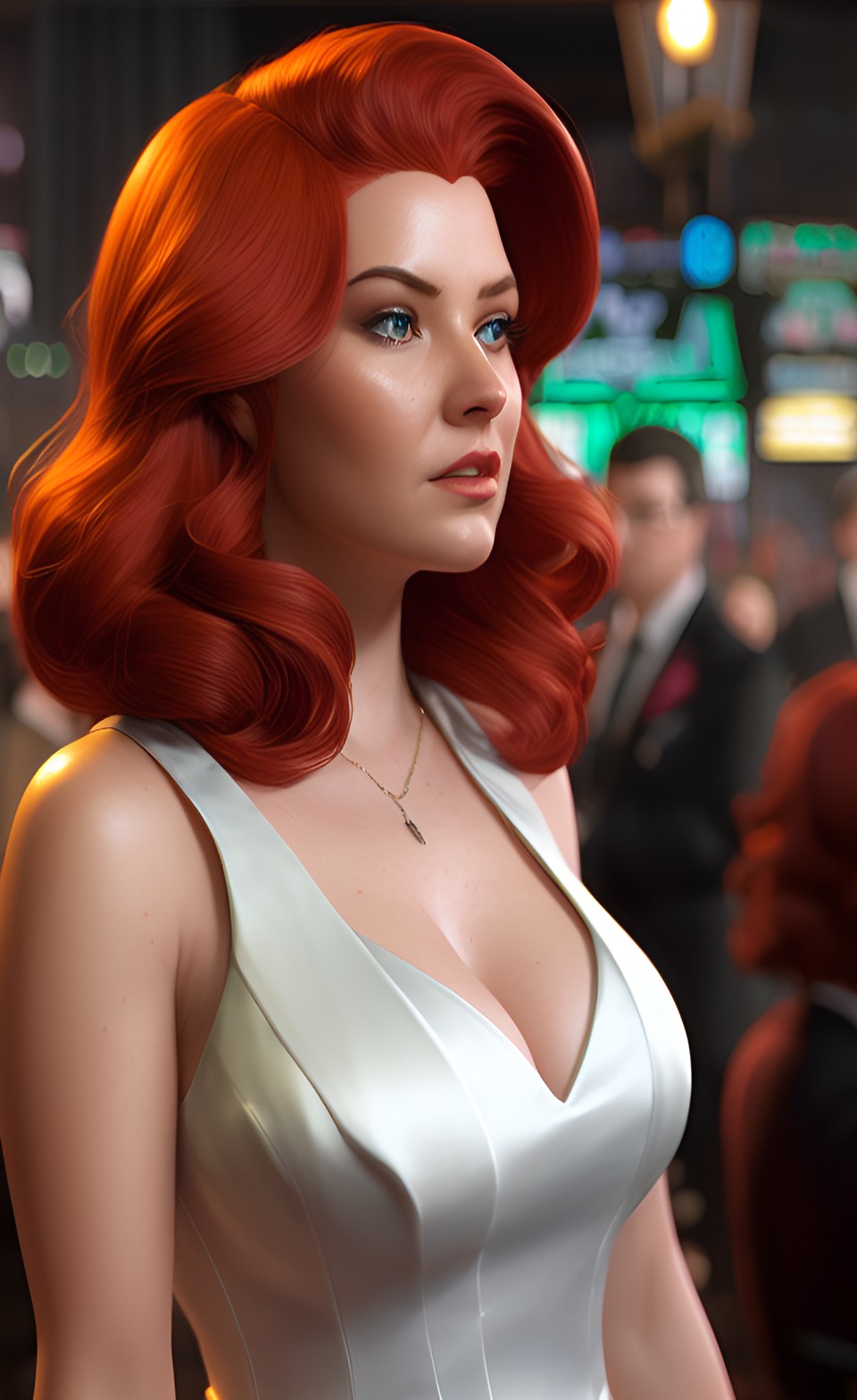 hyper realistic high detailed heavily endowed woman spy agent with flowing red hair walking into a high detailed hyper realistic bar preview