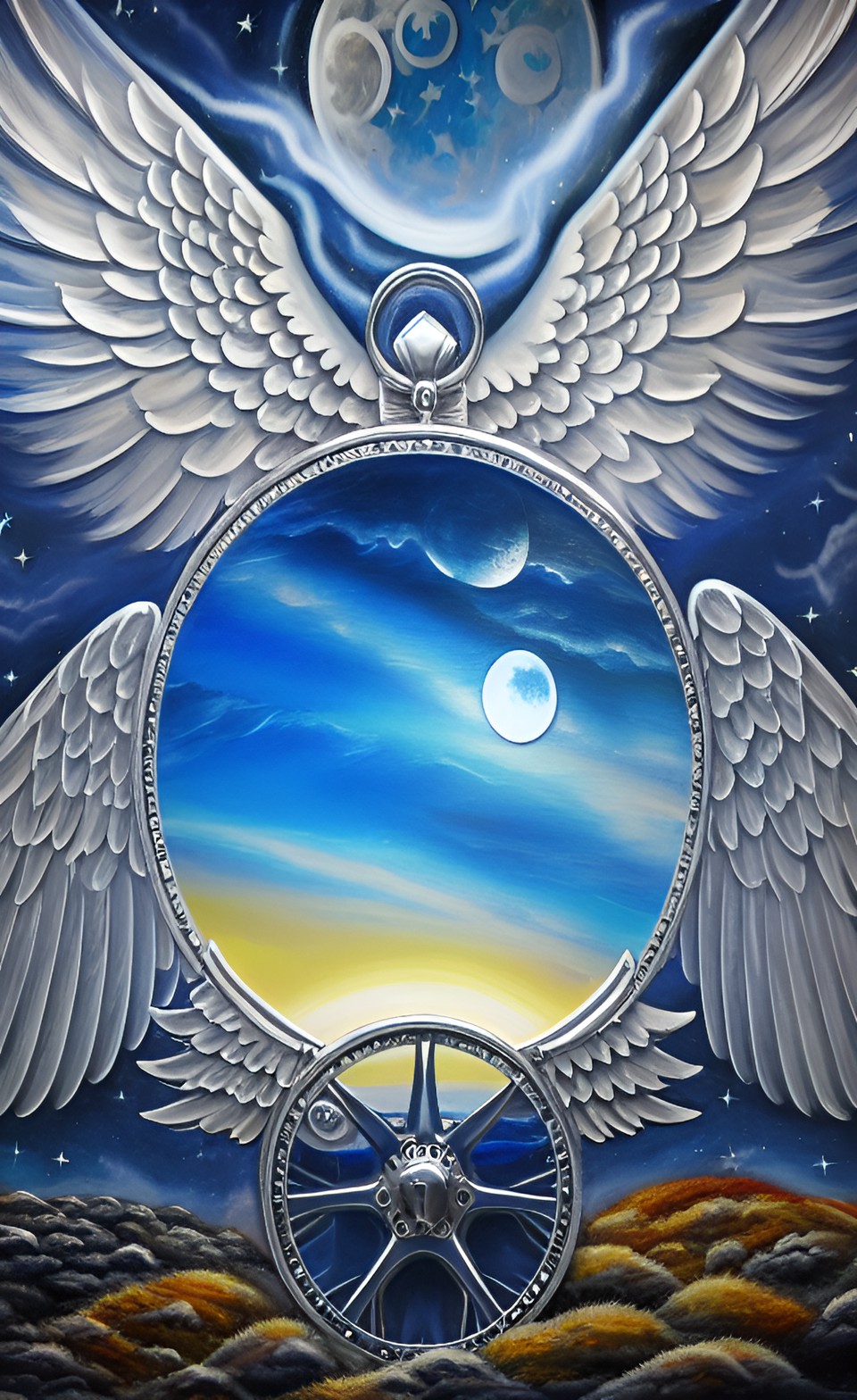 biblical powerful angels, eyes and wings, wheels in wheels, moon, lunar, tides, sky and sea, like silver preview