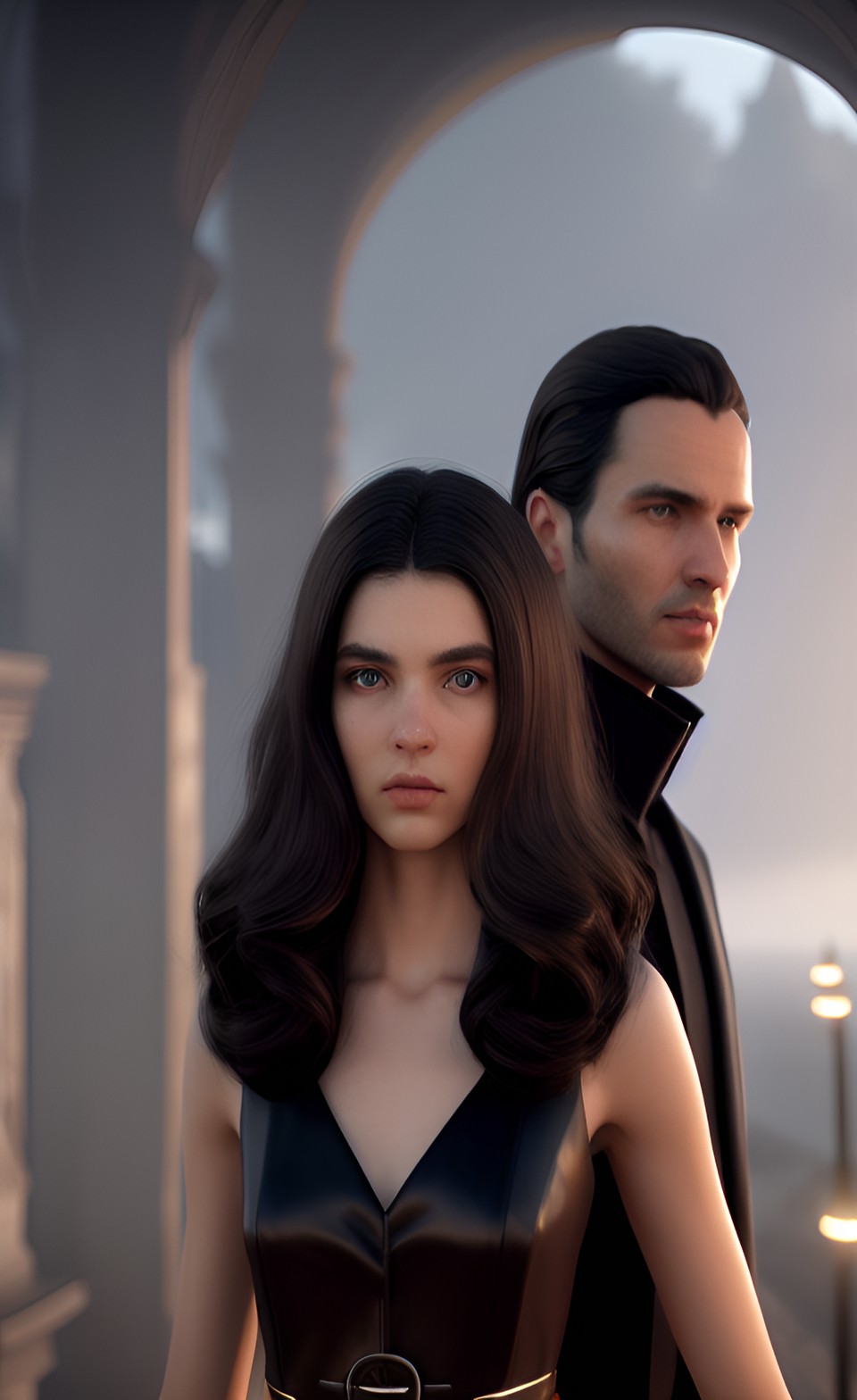 a man and a womanlock eyes on each other, she’s light skinned pale, brown eyes , wavy light brown hair, the man handsome light complexion, black mysterious eyes, long black hair detailed, 8k preview