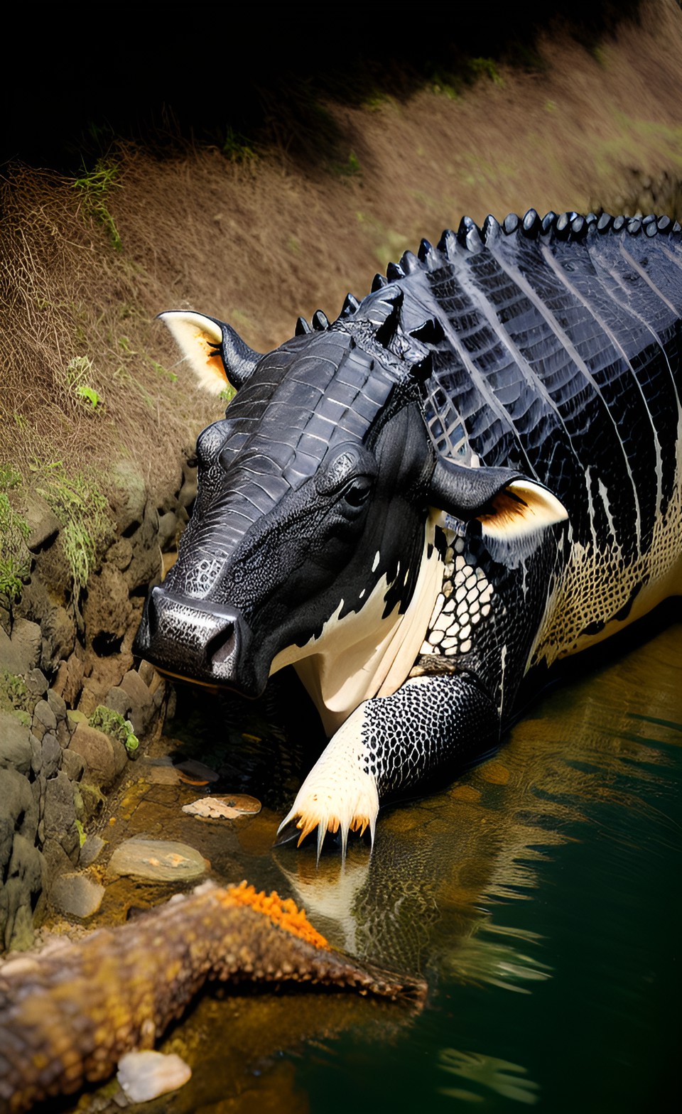 moolligater - cow hybridised with a crocodile, covered in crocodile scales, crawling out of the river scales, dark spectral, intricate preview