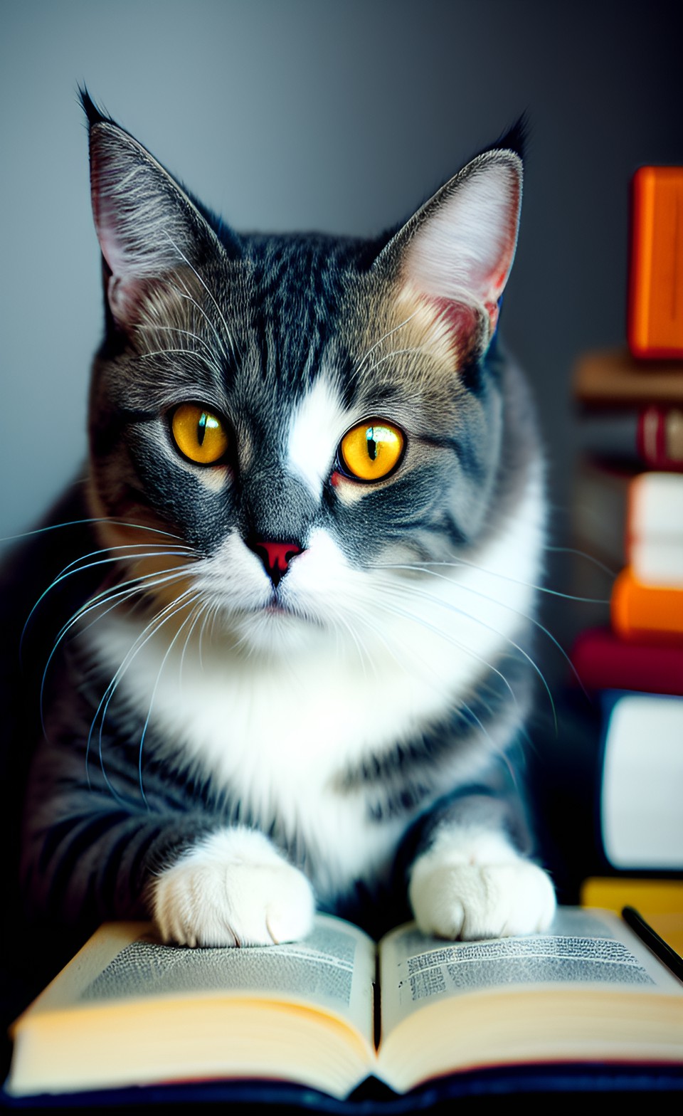 white and smoke gray cat with striking yellow eyes laying on an open book preview