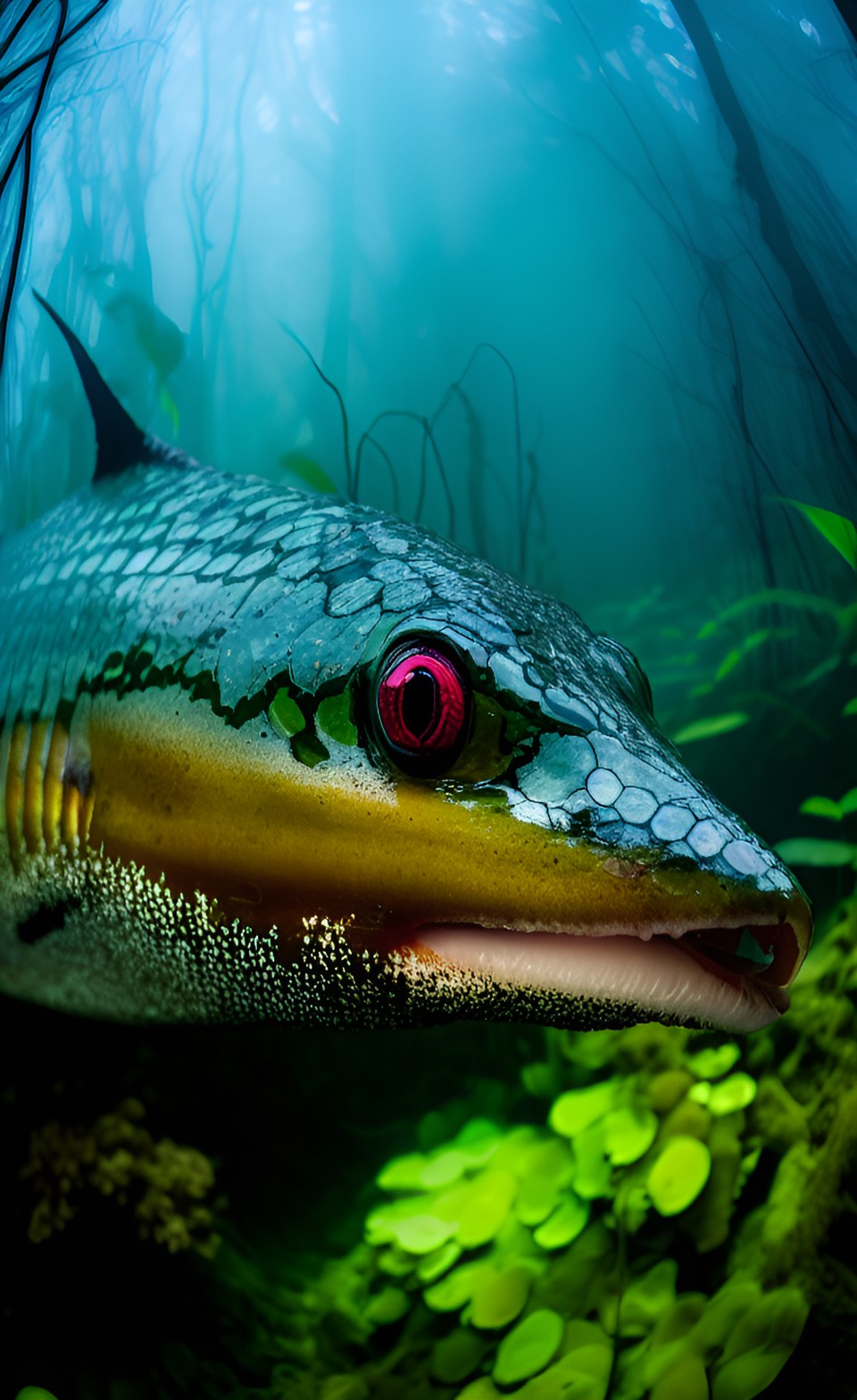 crocofish - a slimey conger eel alien, coming out of a misty swampy pool in a misty forest. close up of creature preview