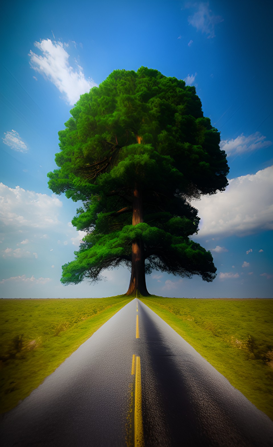 hyper realistic gargantuan high detailed tree standing in the middle of an empty abandoned road preview