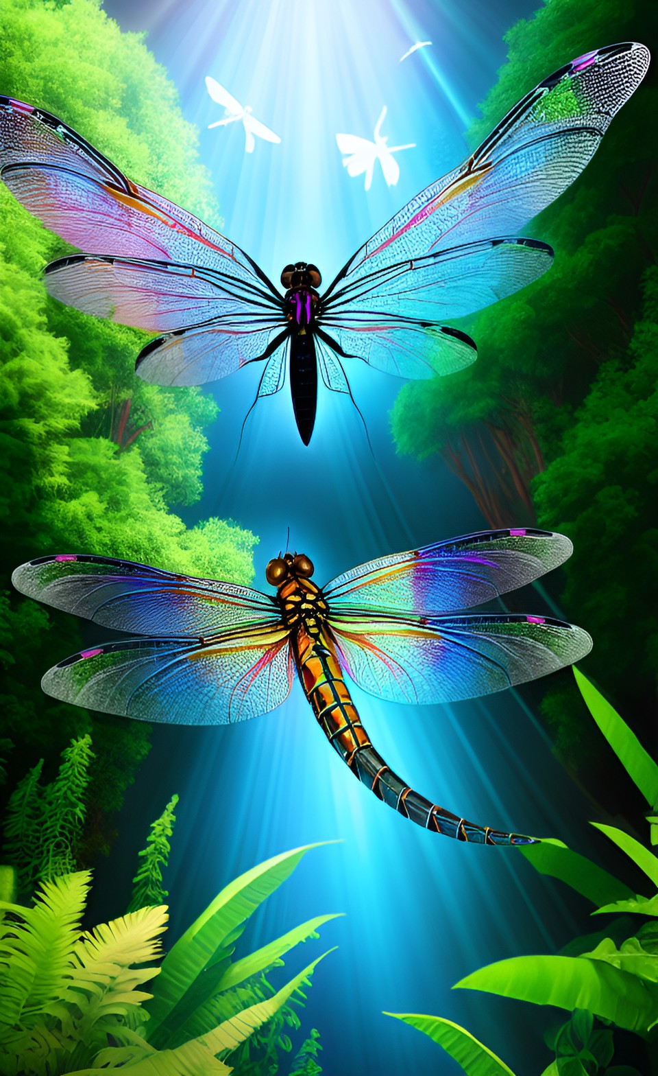 dragonflies - giant prehistoric dragonfly, iridescent wings flying near a t-rex preview