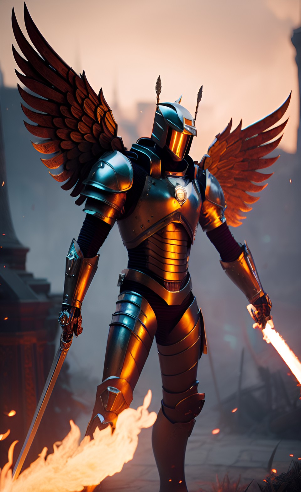 heroic angel in metal armor and flaming swords preview