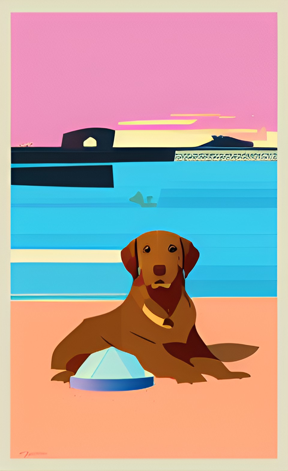 the golden retriever at the beach with her puppies lying on the sand. preview