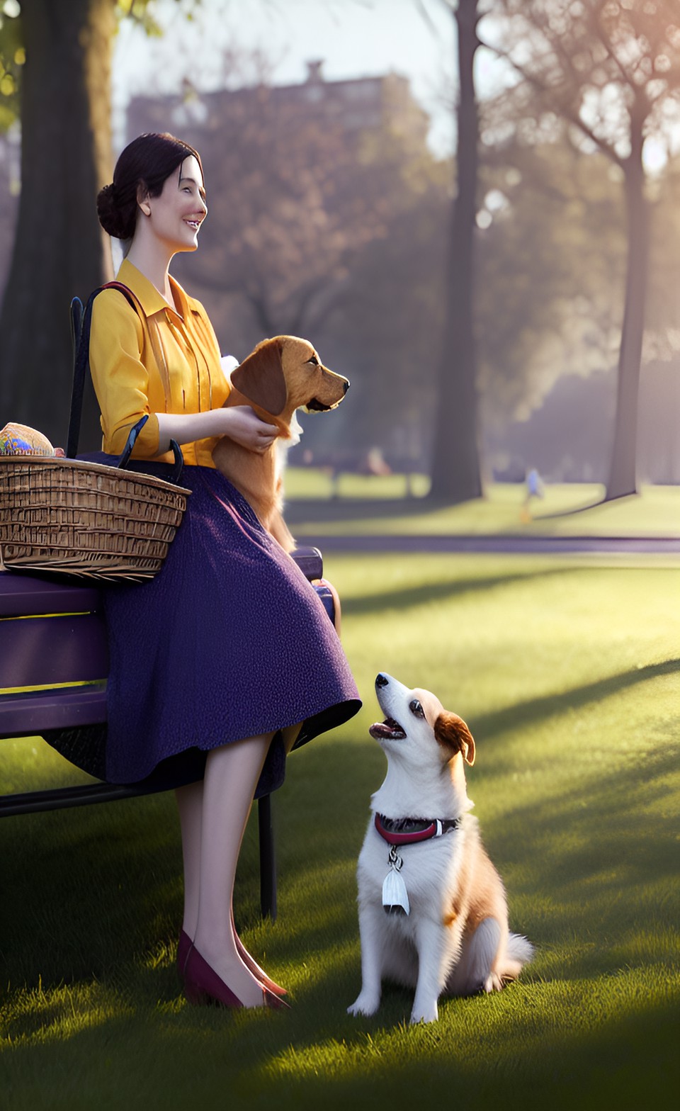 a woman a the park with her dog having a picnica woman at the park with her dog enjoying a picnic. she has a large basket of food and a small dog is playing with a toy. preview