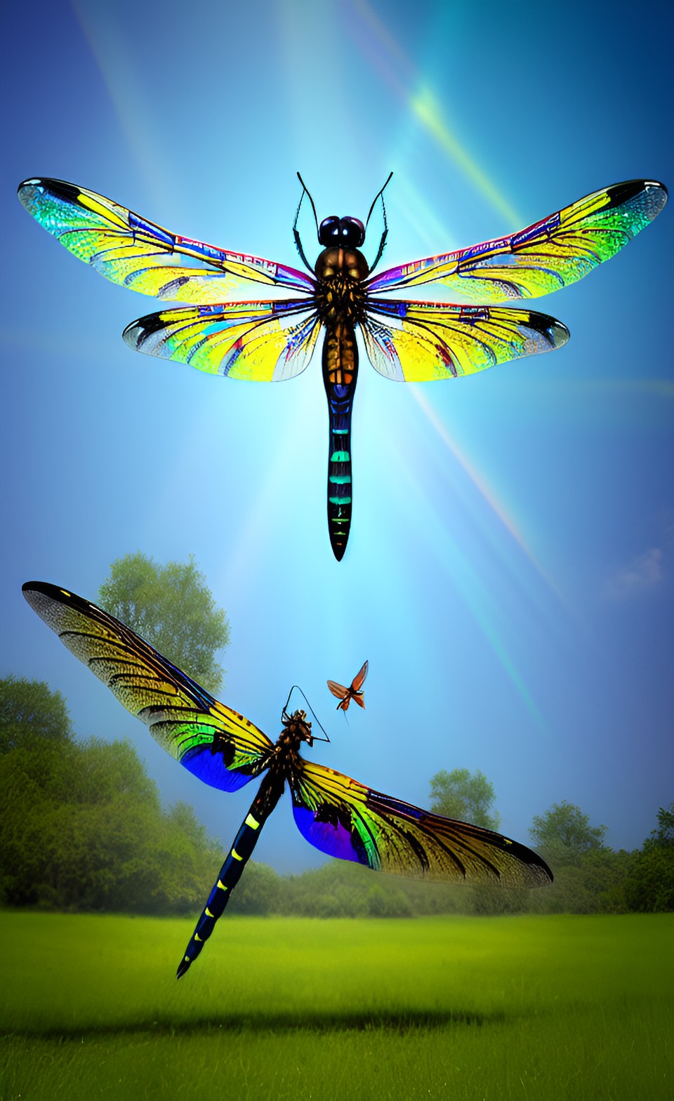 dragonflies - giant prehistoric dragonfly, iridescent wings flying near a t-rex preview