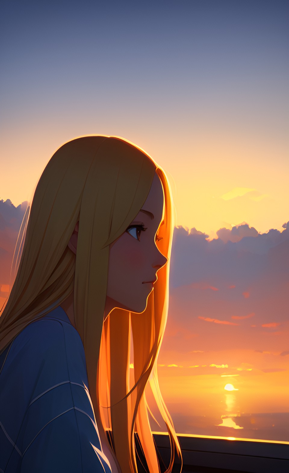 hyper realistic high detailed woman with straight long light blonde hair watching a hyper realistic sunrise up close preview