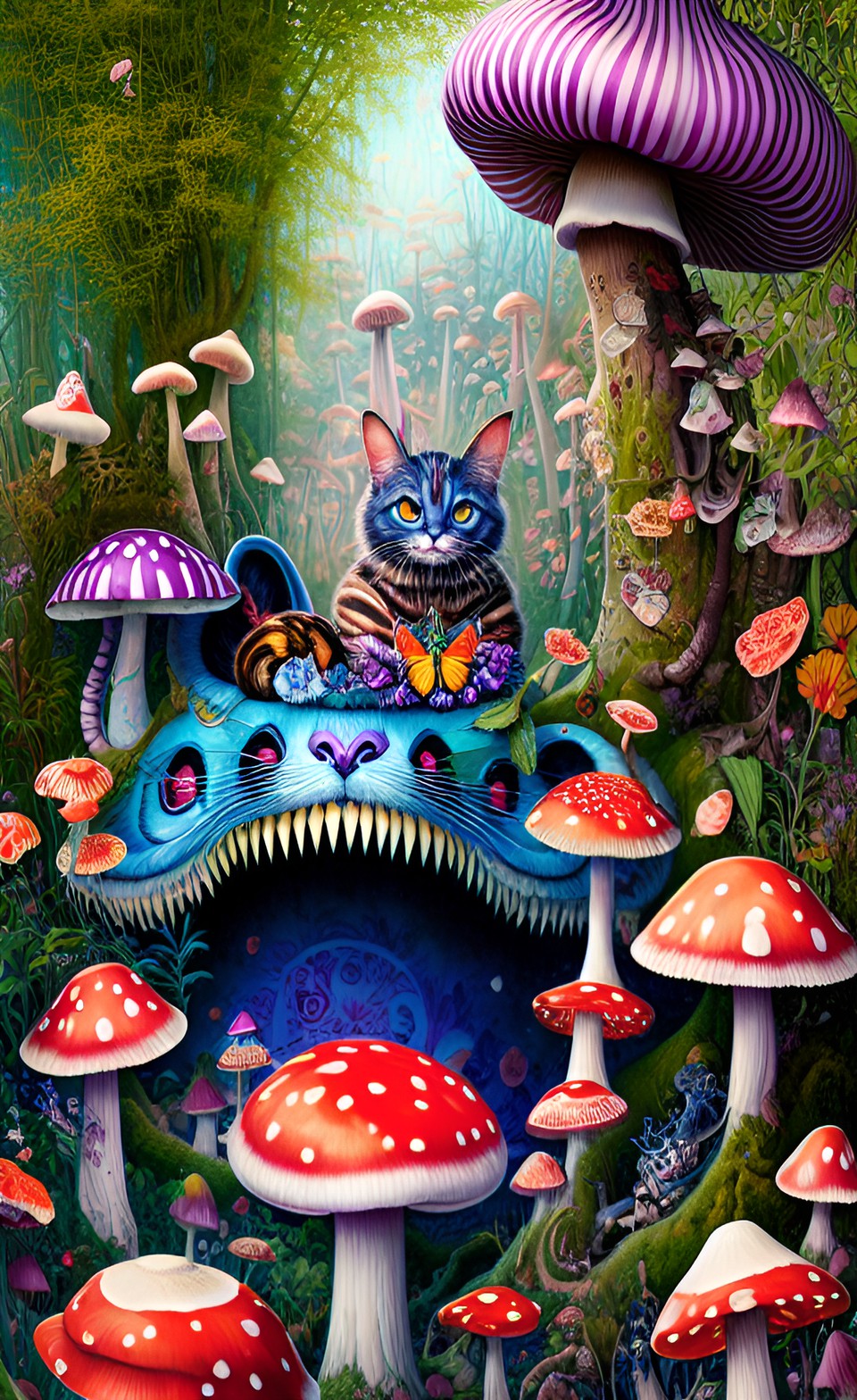 cheshire cat wonderland mushroom forest preview