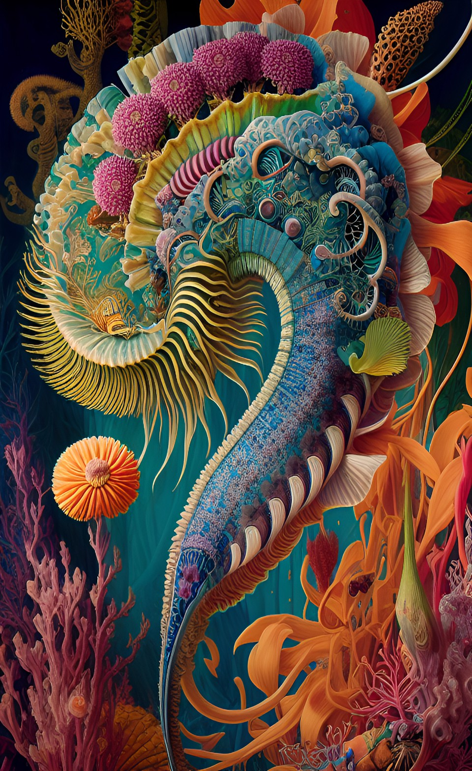 botany art, ernst haeckel style, mandalabotanical, sea creatures, color, neon preview