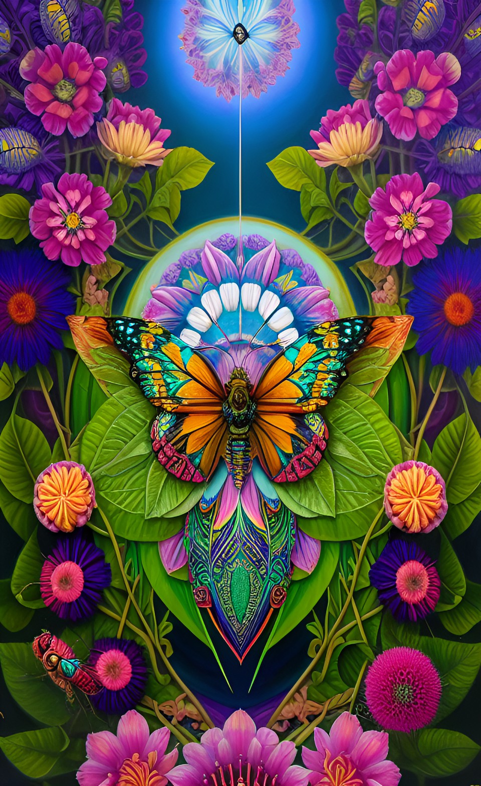 mandala, flower, green leaves, colors, insects, bugs, botany, botanical, realistic preview