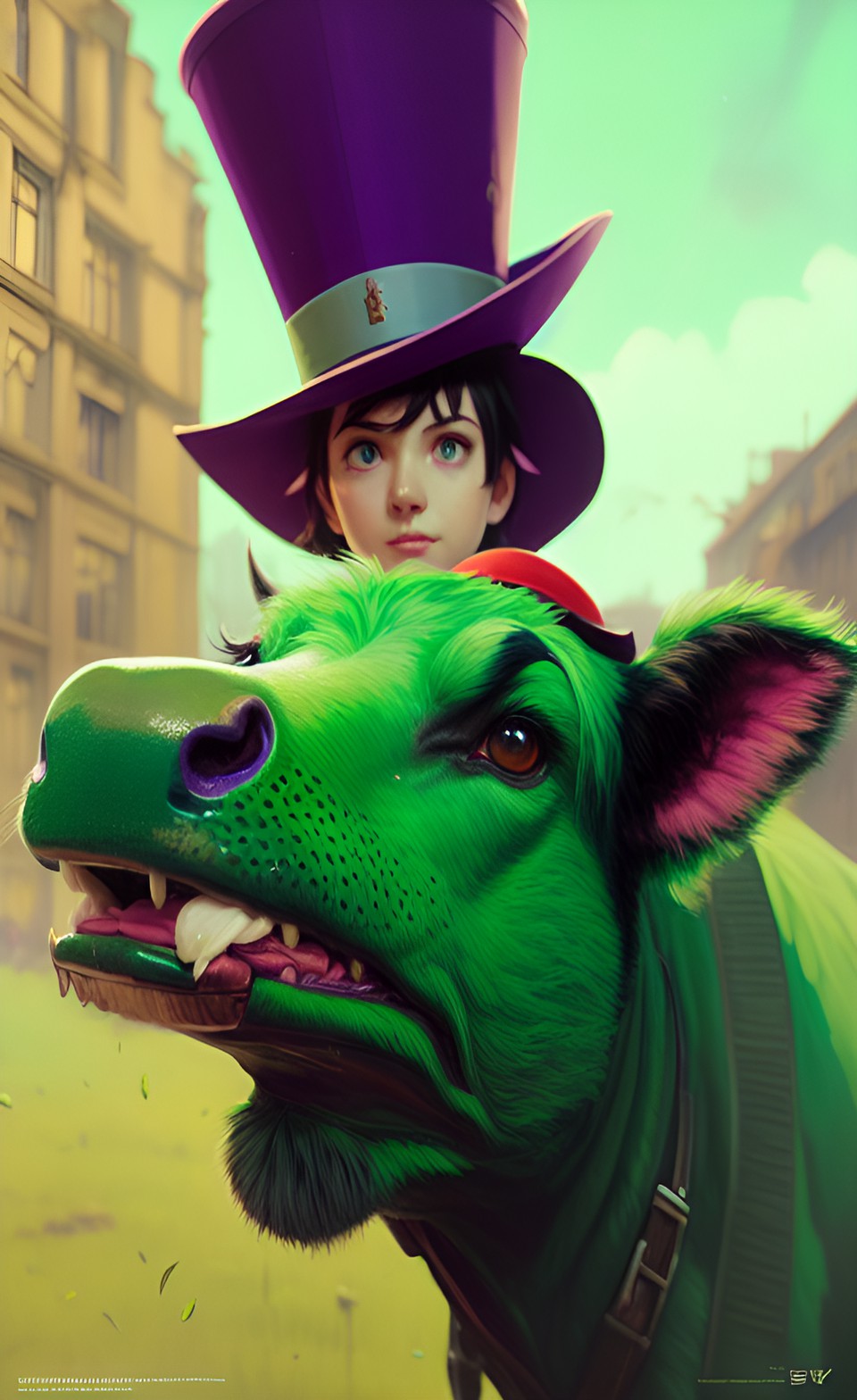 Tawdd & Todd - green cow with purple mustache and top hat preview