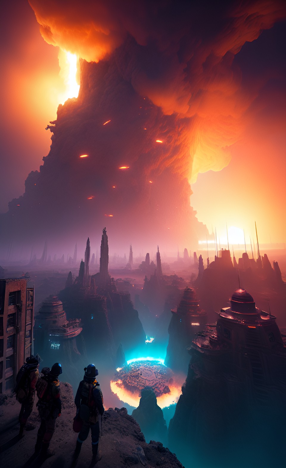 warring Nation - explorers overlooking, ancient alien city engulfed in flames, invading enemy force, dust storm, highly detailed, atmospheric, ultra realistic. preview