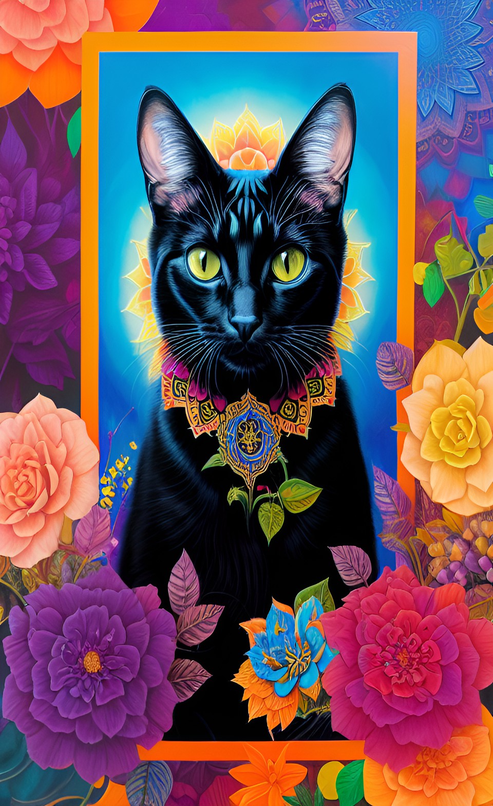 black cat with a colorful mandala in background, flower, leaf, colors preview