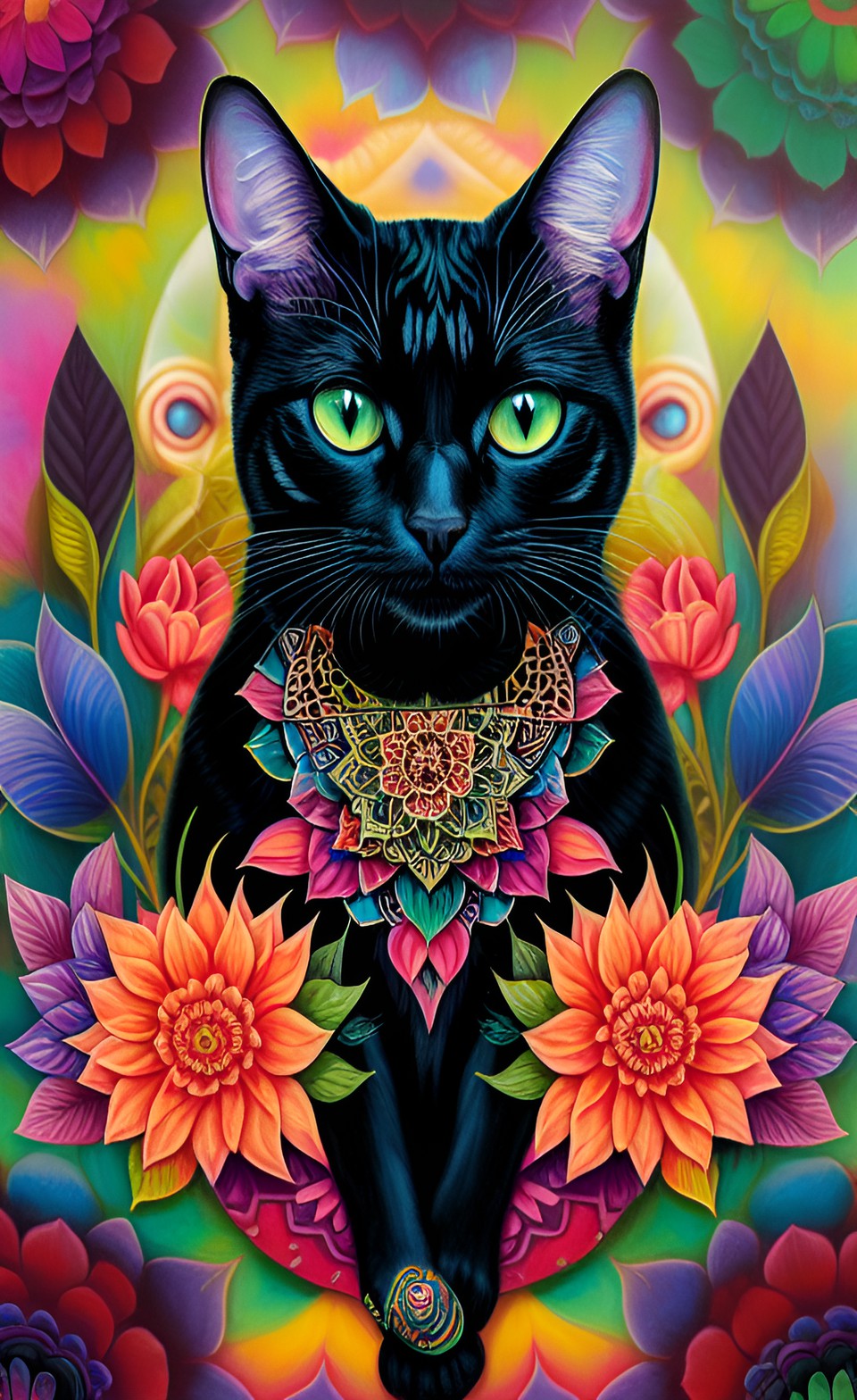 black cat with a colorful mandala in background, flower, leaf, colors preview