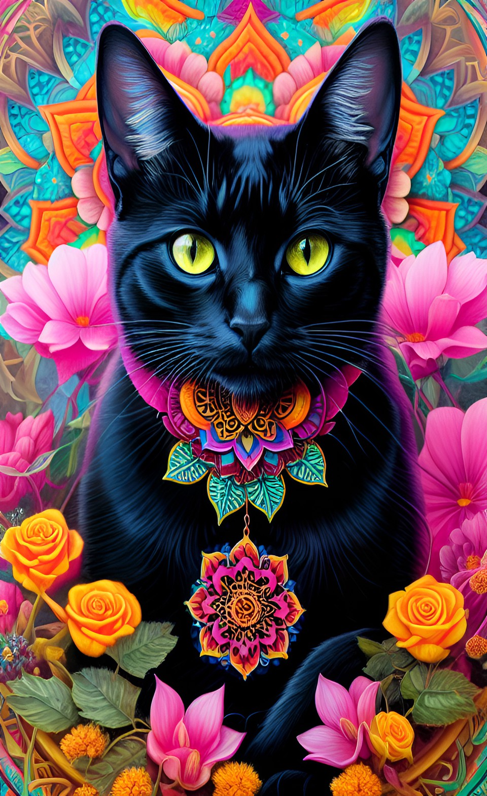 black cat with a colorful mandala in background, flower, leaf, colors preview