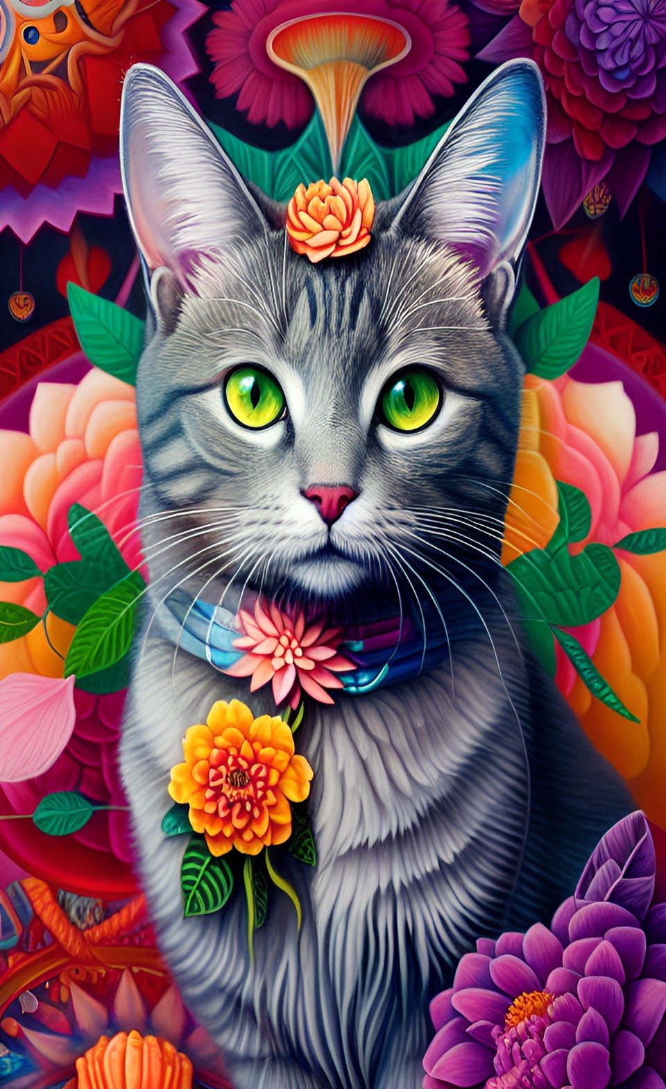 grey cat with a colorful mandala in background, flower, leaf, colors preview