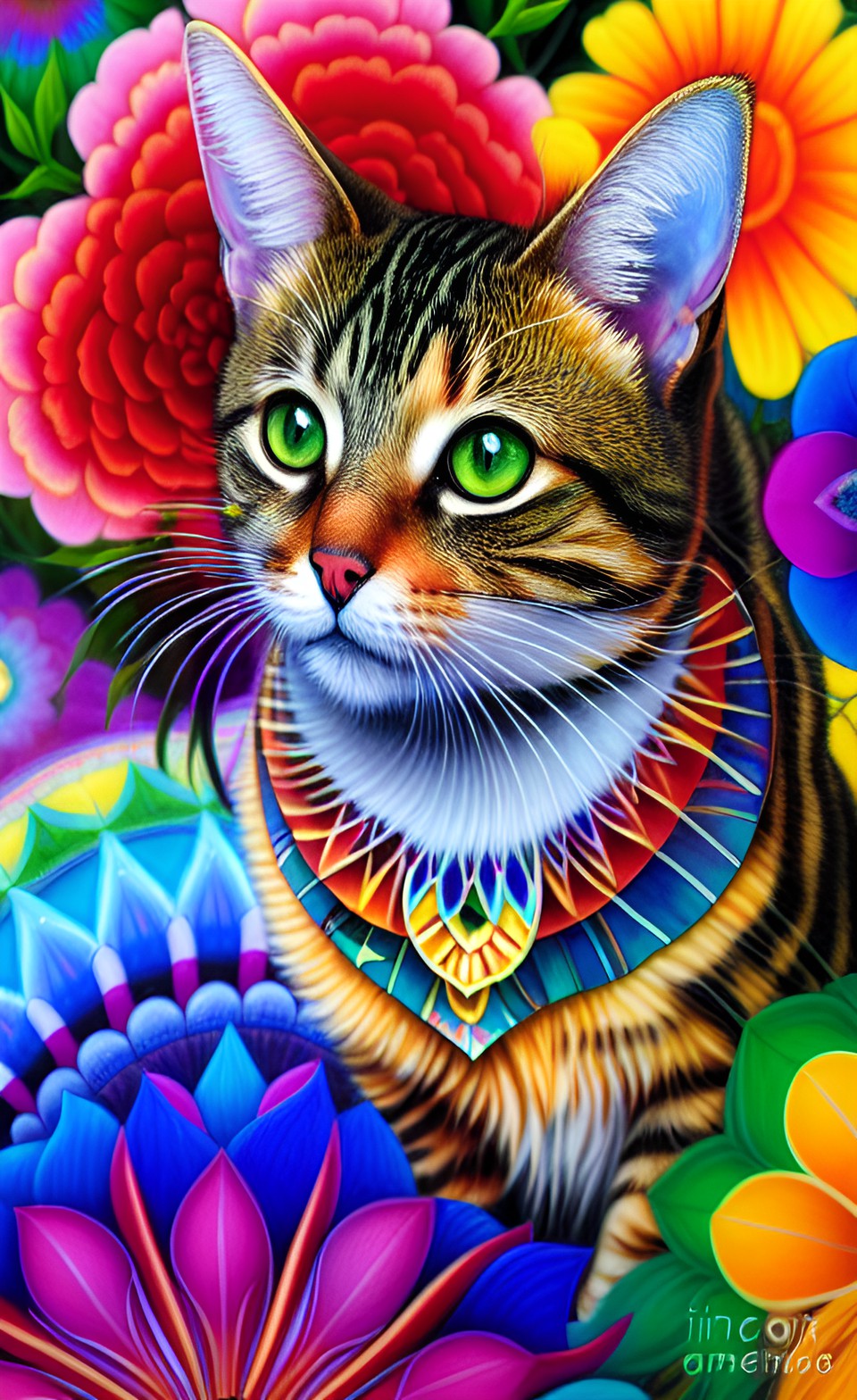 tabby cat with a colorful mandala in background, flower, leaf, colors preview