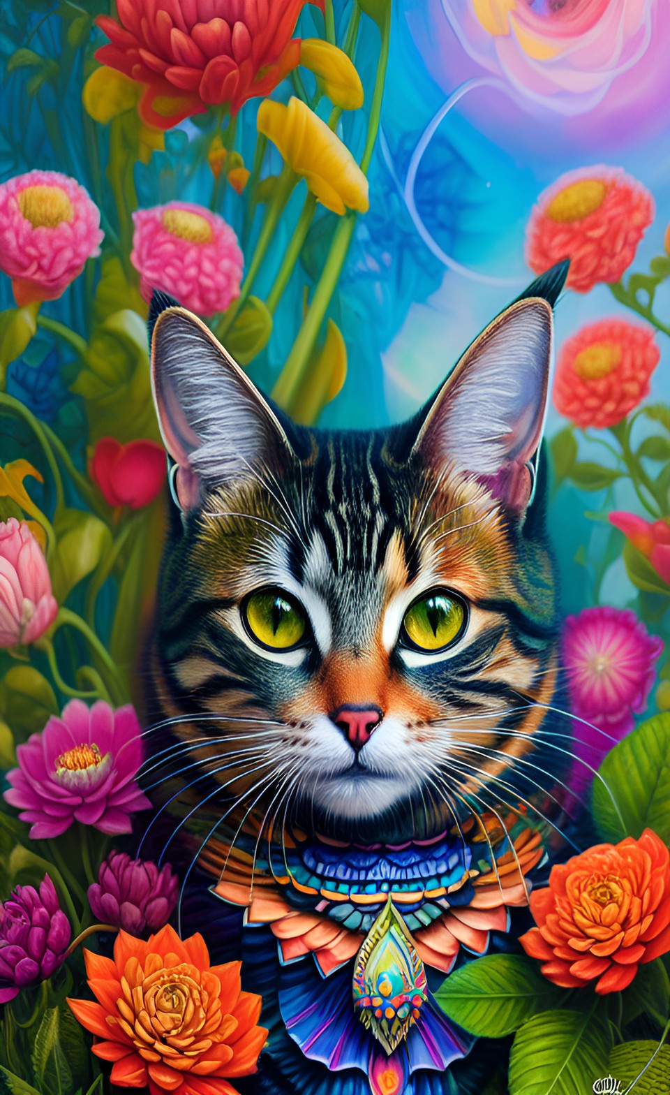 tabby cat with a colorful mandala in background, flower, leaf, colors preview