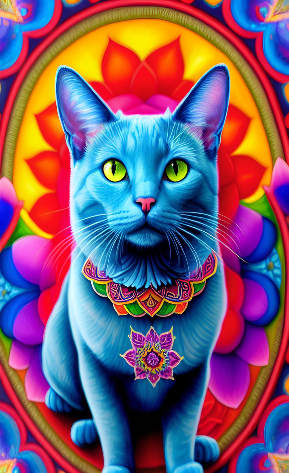 russian blue cat with a colorful mandala in background, flower, leaf, colors preview