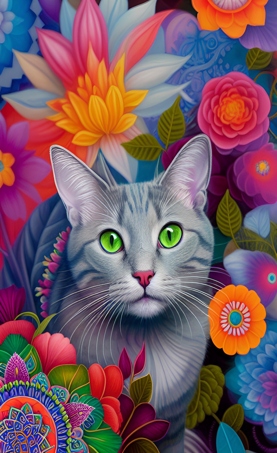 light grey cat with a colorful mandala in background, flower, leaf, colors preview