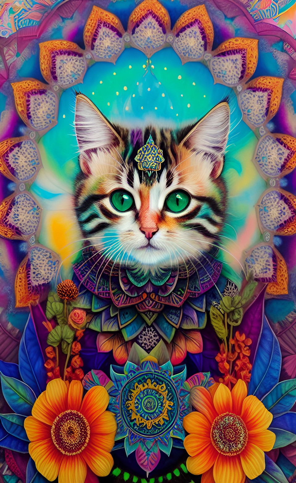 ragamuffin kitten, green eyes, and with a colorful mandala in background, flower, leaf, colors preview