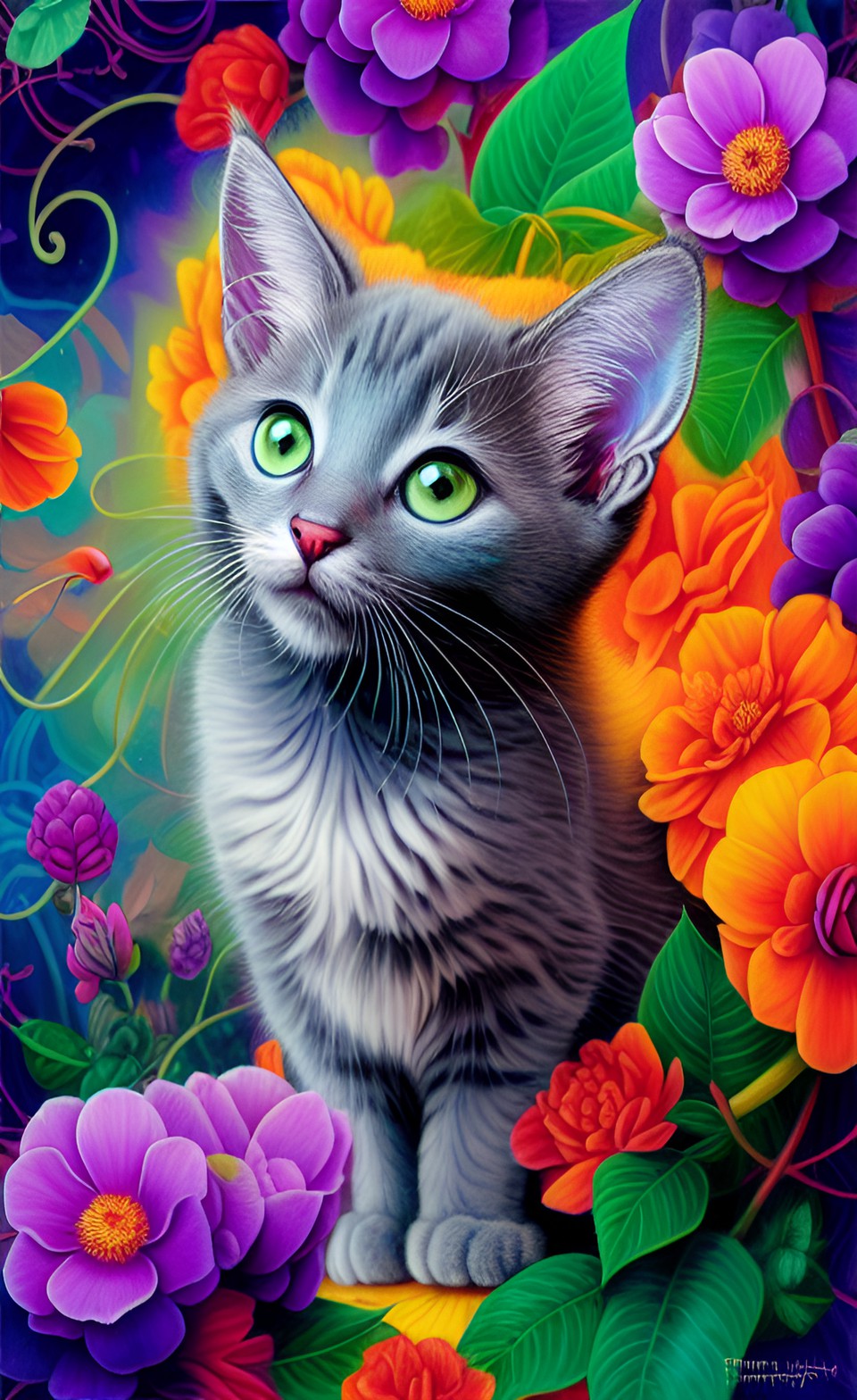 korat kitten long hair with a colorful mandala in background, flower, leaf, colors preview