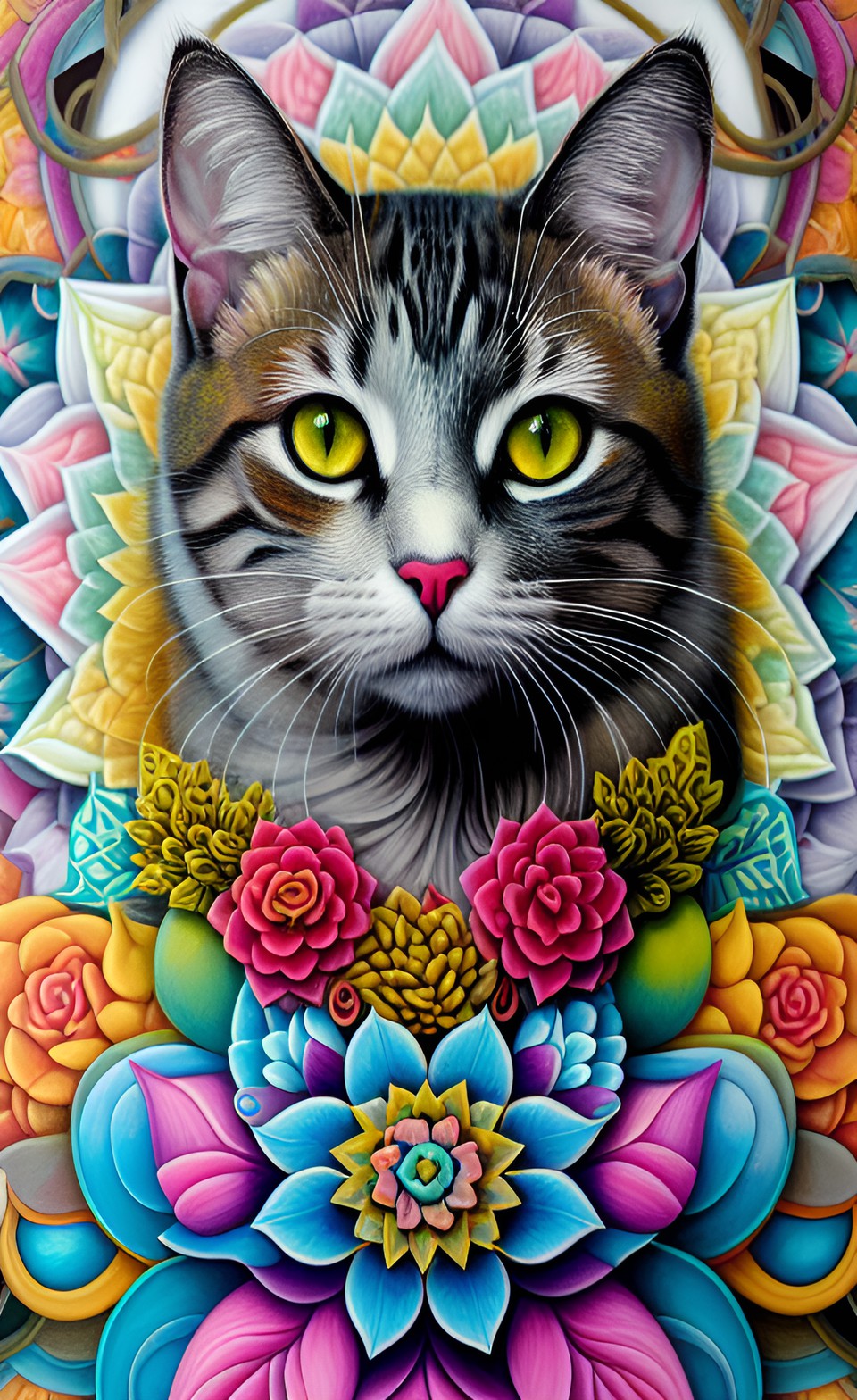 cat full grey and white with a colorful mandala in background, flower, leaf, colors preview