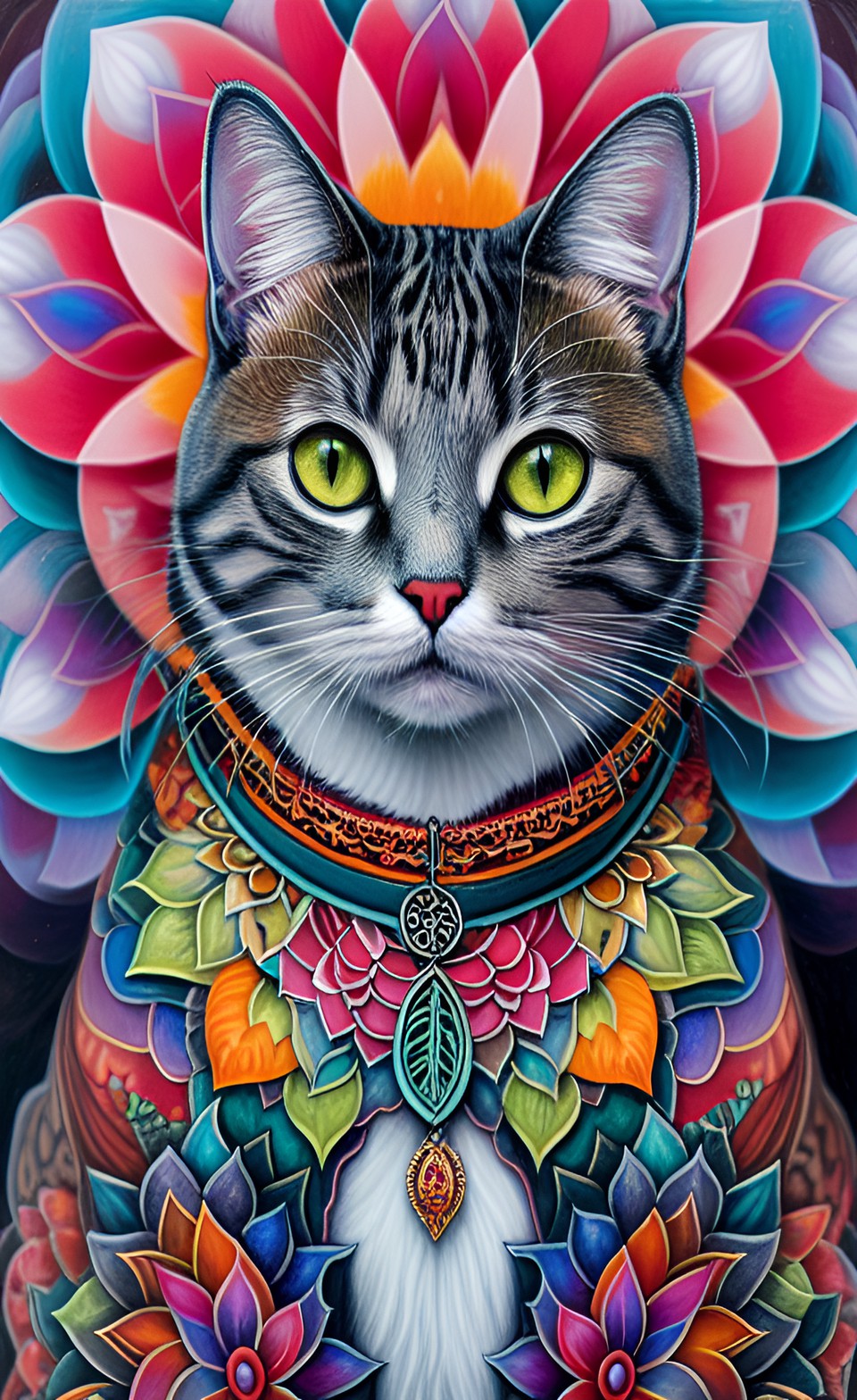 cat with coat entirely in gray color, with a colorful mandala in background, flower, leaf, colors preview