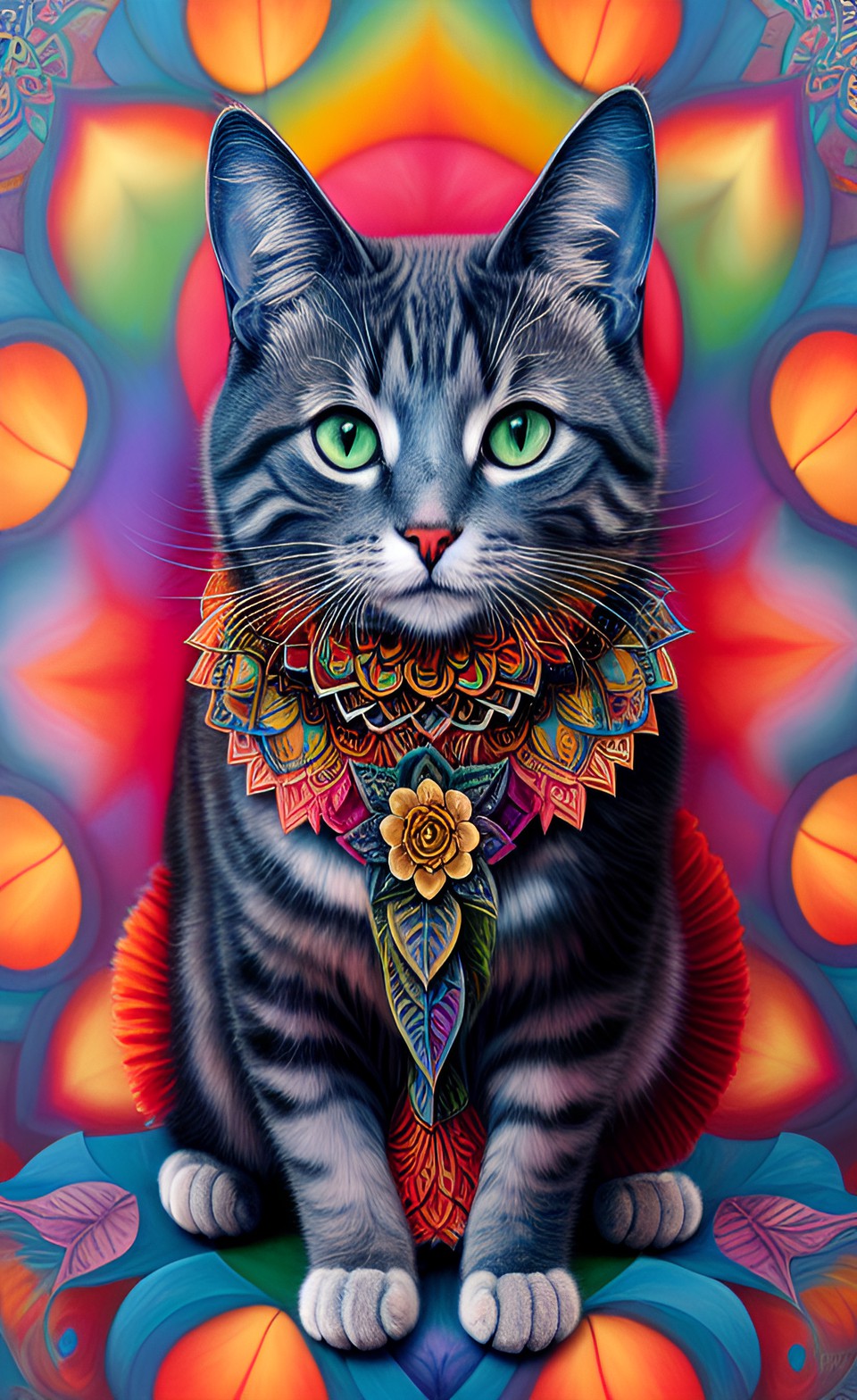 cat with fur entirely in gray color, with a colorful mandala in background, flower, leaf, colors preview