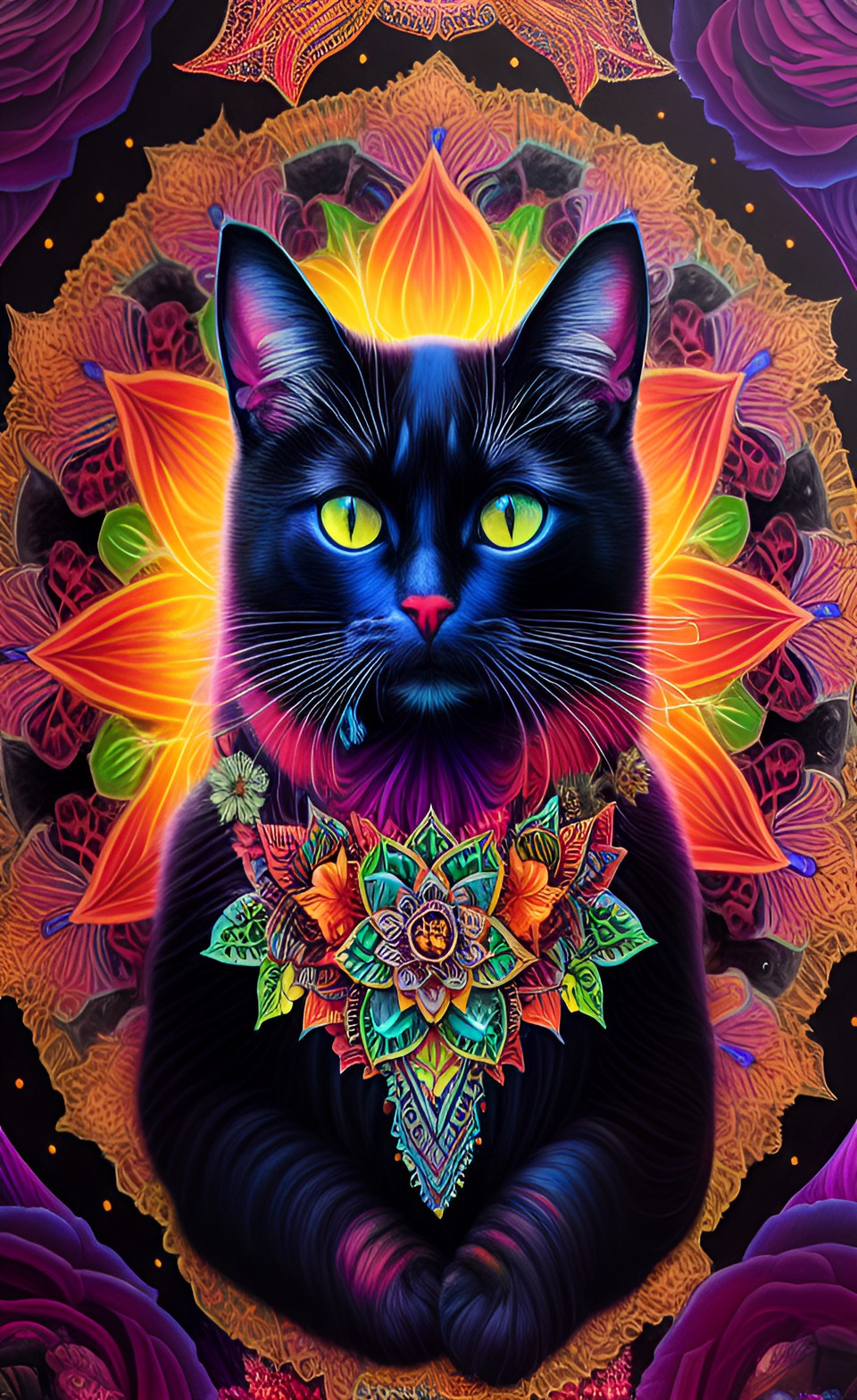 cat with fur entirely in light black color, with a colorful mandala in background, flower, leaf, colors preview