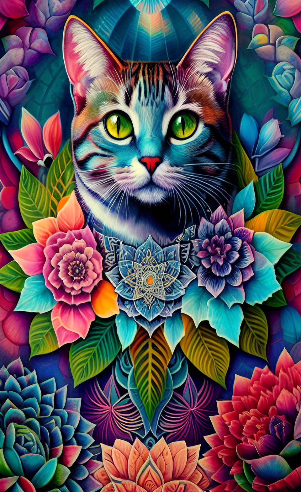 cat greyscale color, with a colorful mandala in background, flower, leaf, colors preview