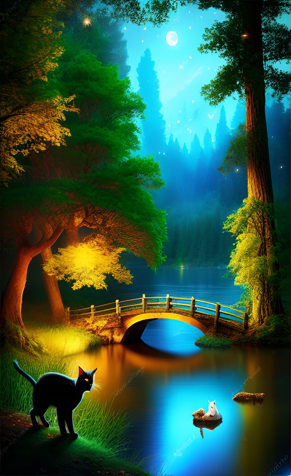 Good Night Cat - good night cat in a magical forest by a lake preview