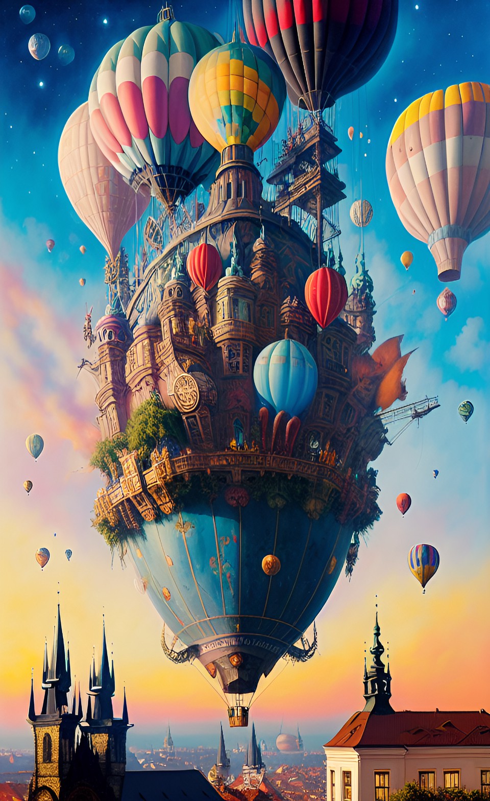 old pirate ship hanging on huge baloons flying through clouds over prague in the sky at night. the sky is full of galaxies preview