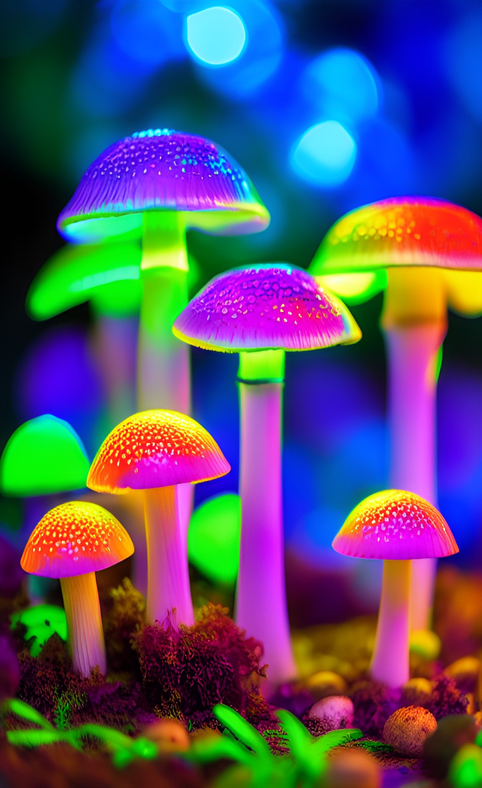 M series - colored mushrooms 3d 4k iridescent tetradic lights preview