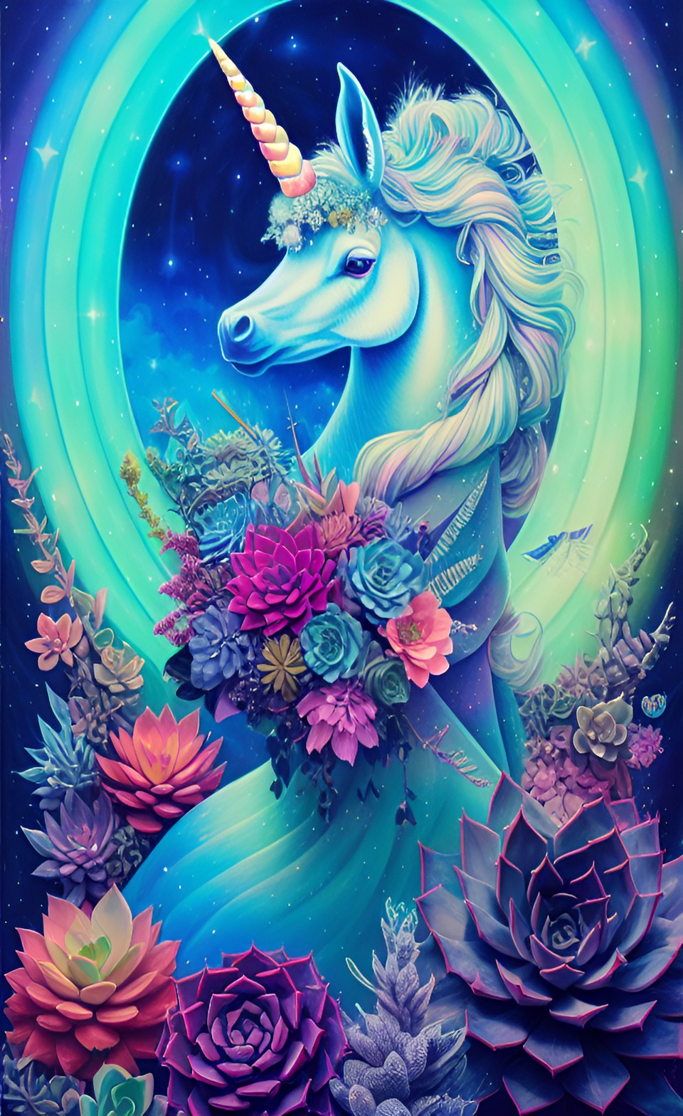 unicorn, neon blue glow, aurora borealis, fantasy, succulents, moonlight, hd preview