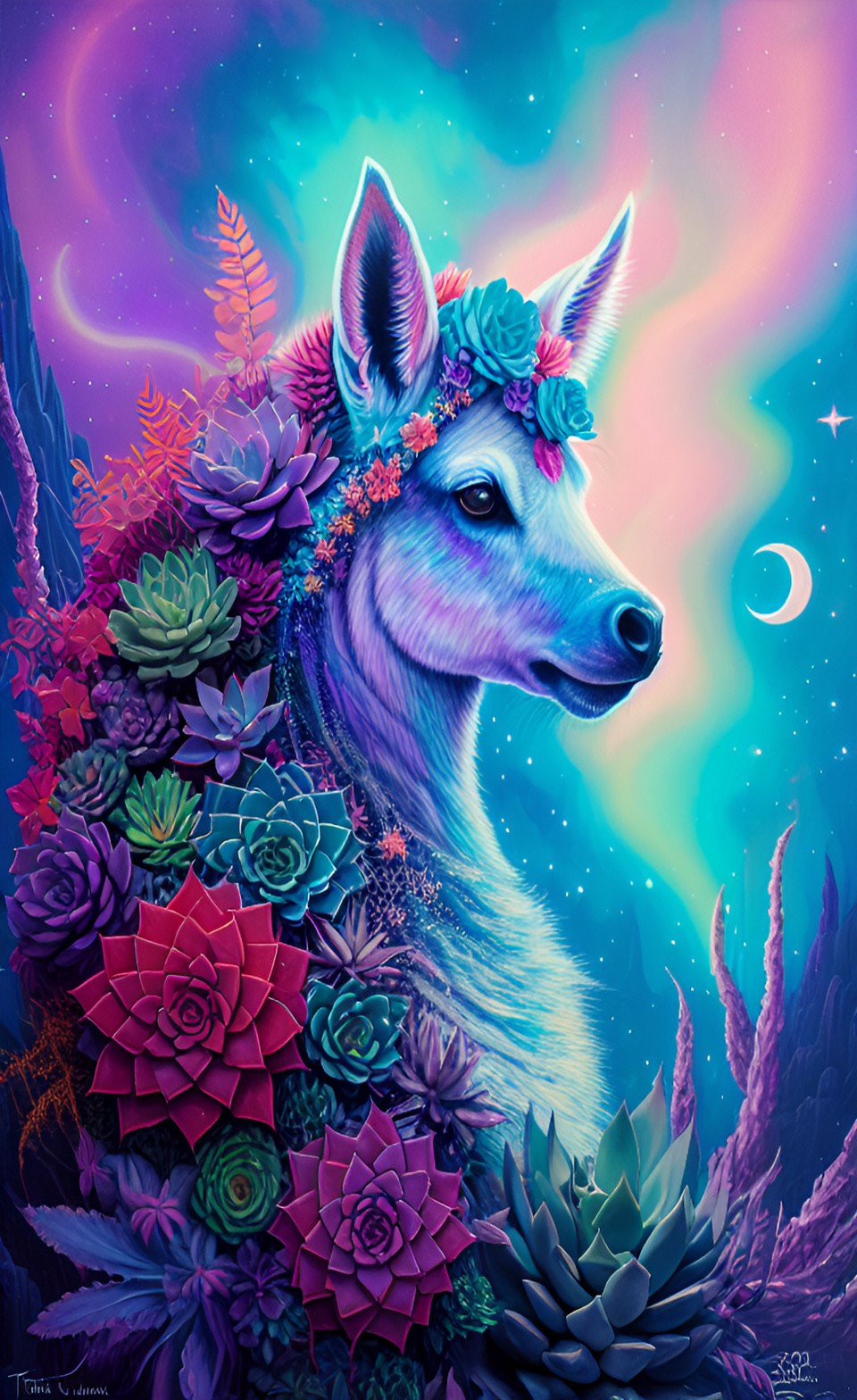 unicorn, neon blue glow, aurora borealis, fantasy, succulents, moonlight, hd preview