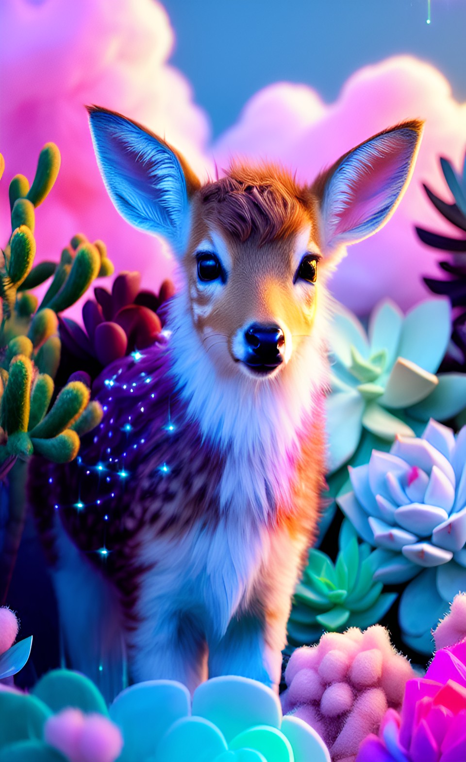 fluffy fawn, neon pink glow, cotton candy clouds, fantasy, succulents, valentine, sparkles, bejeweled, hd preview