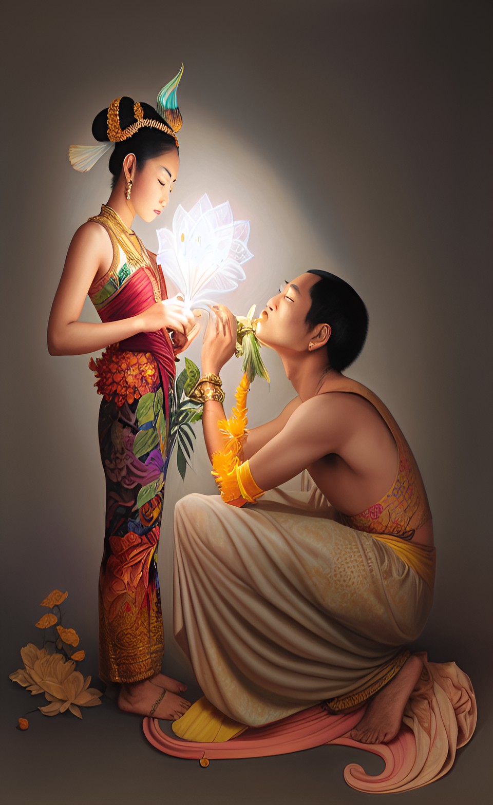 Javanese Goddess gave Wijaya Kusuma flower to a man - a single javanese goddess gave a glowing wijaya kusuma flower to a javanese prince who received it by bowing his feet. seem base image preview