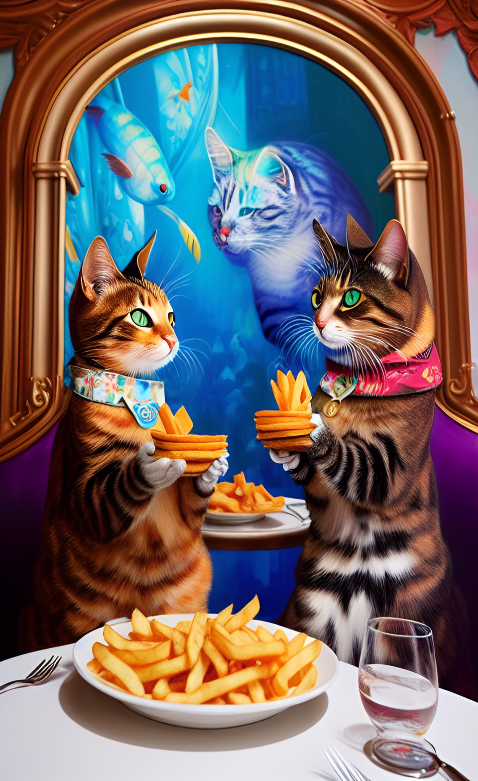 cats eating fish and chips at posh restaurant preview