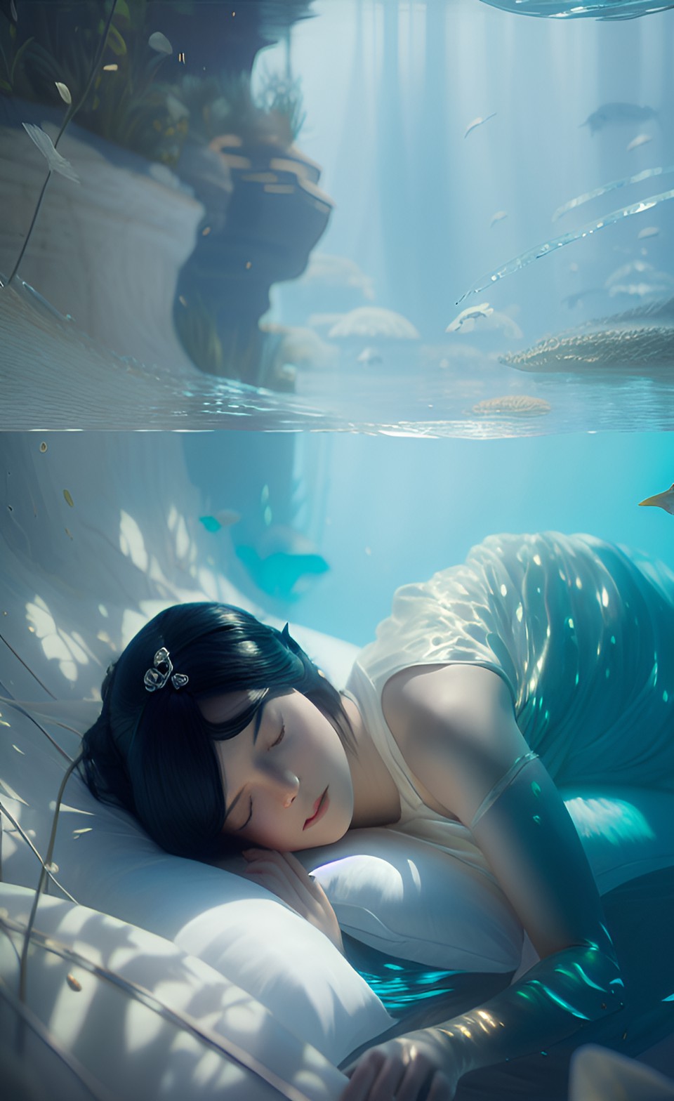 sleeping underwater in white silk satin sheets in serene minimalism preview