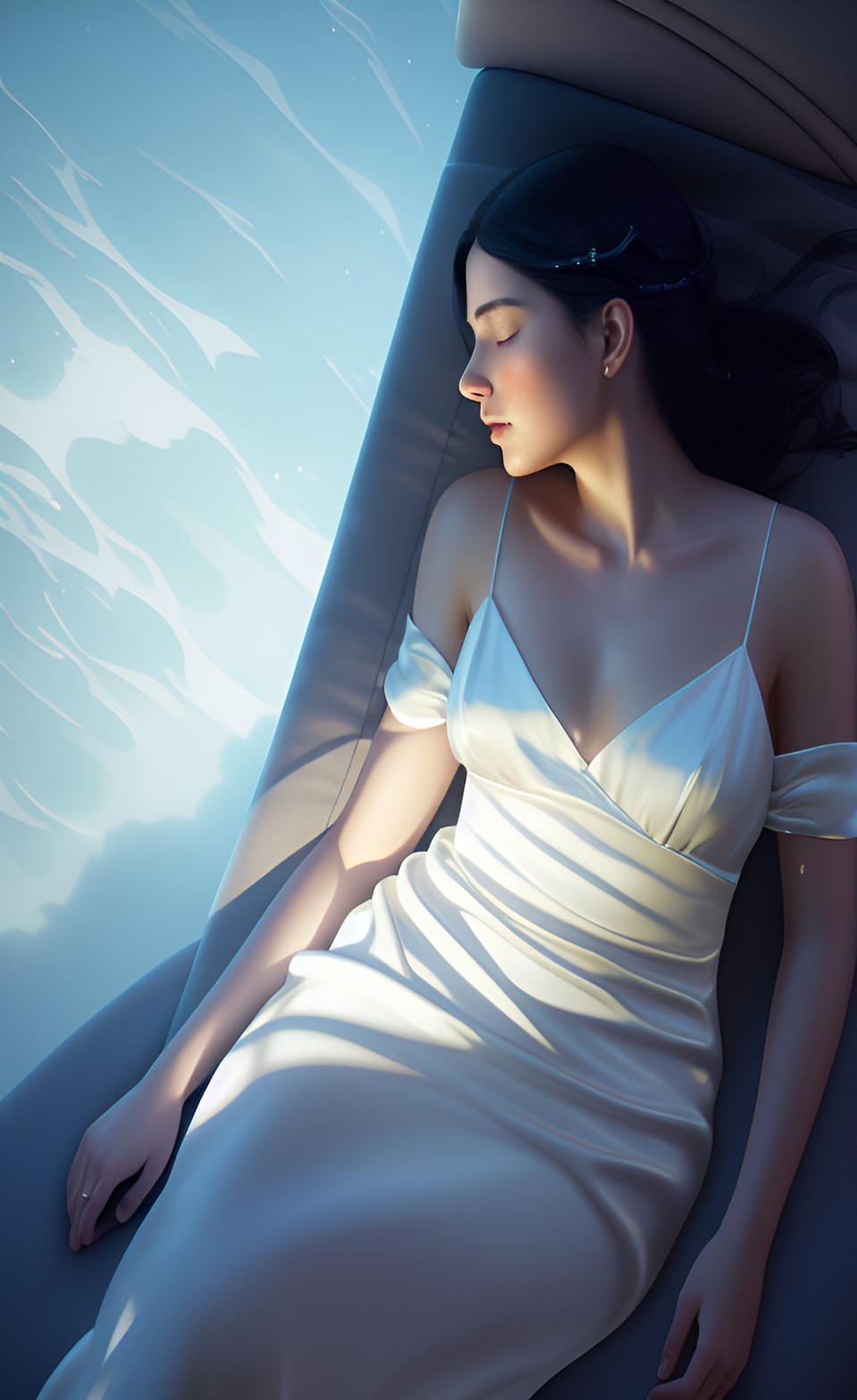 sleeping underwater in white silk satin sheets in serene minimalism preview