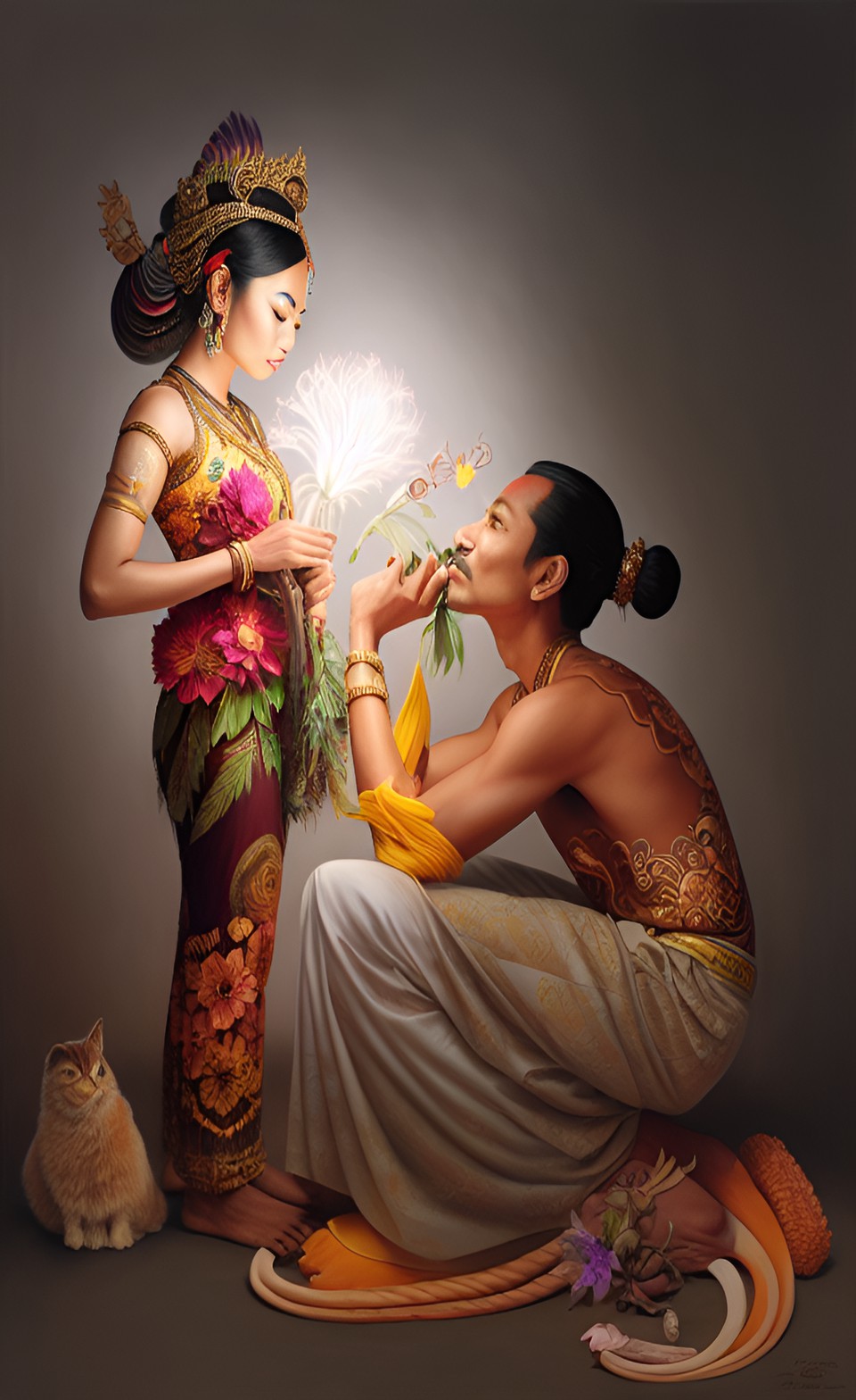 a javanese goddess standing gave a glowing ephylum oxypetalum to a javanese prince with thin mustache preview