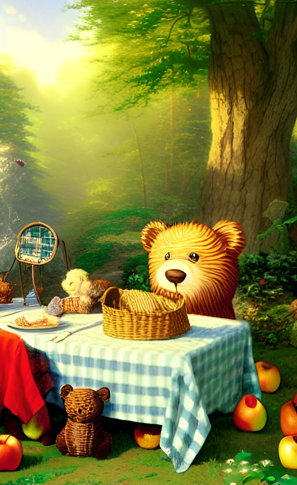 teddy bear picnic, deep woods, checkered tablecloth, basket of apples preview