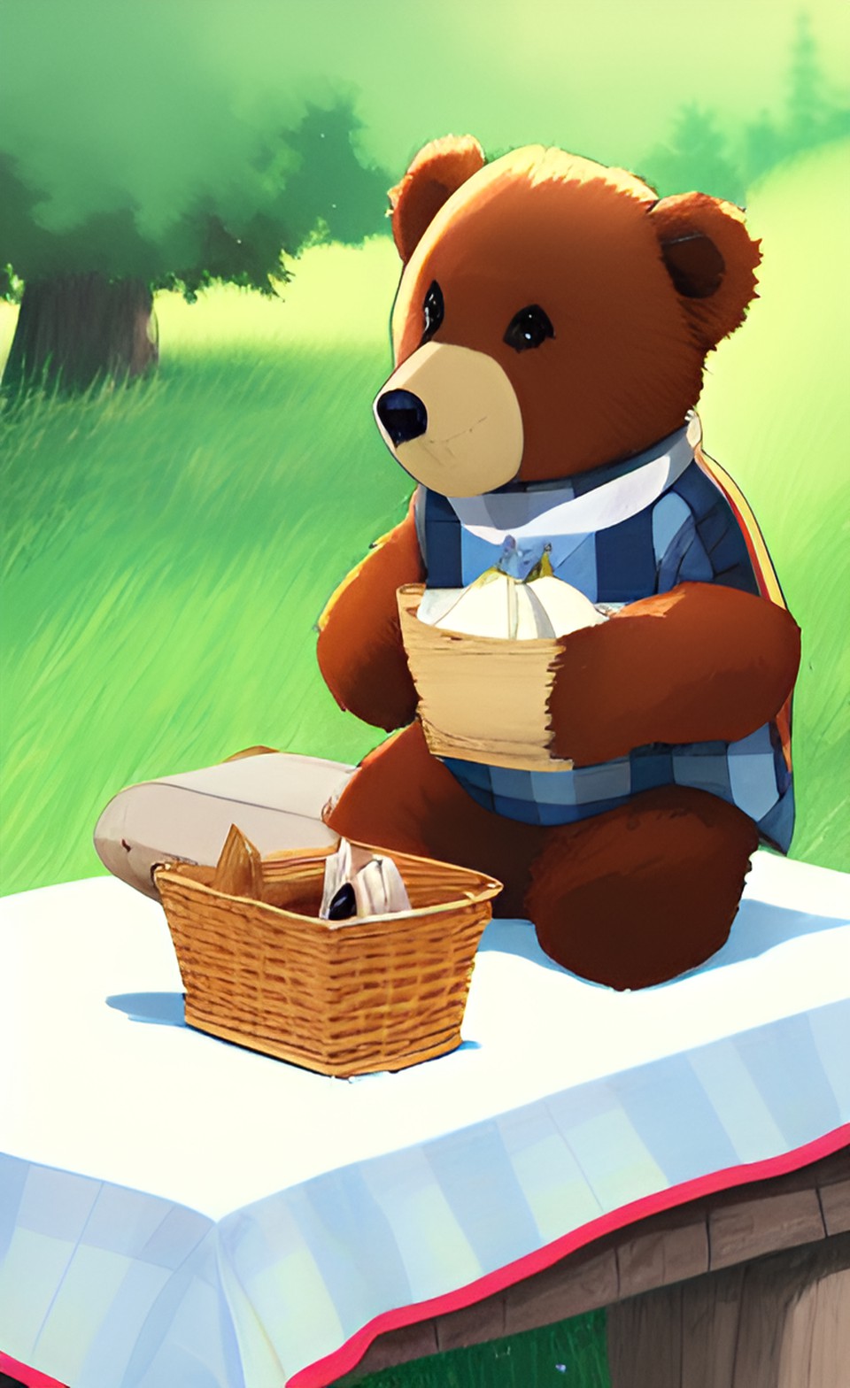 teddy bear picnic, deep woods, checkered tablecloth, basket of apples preview