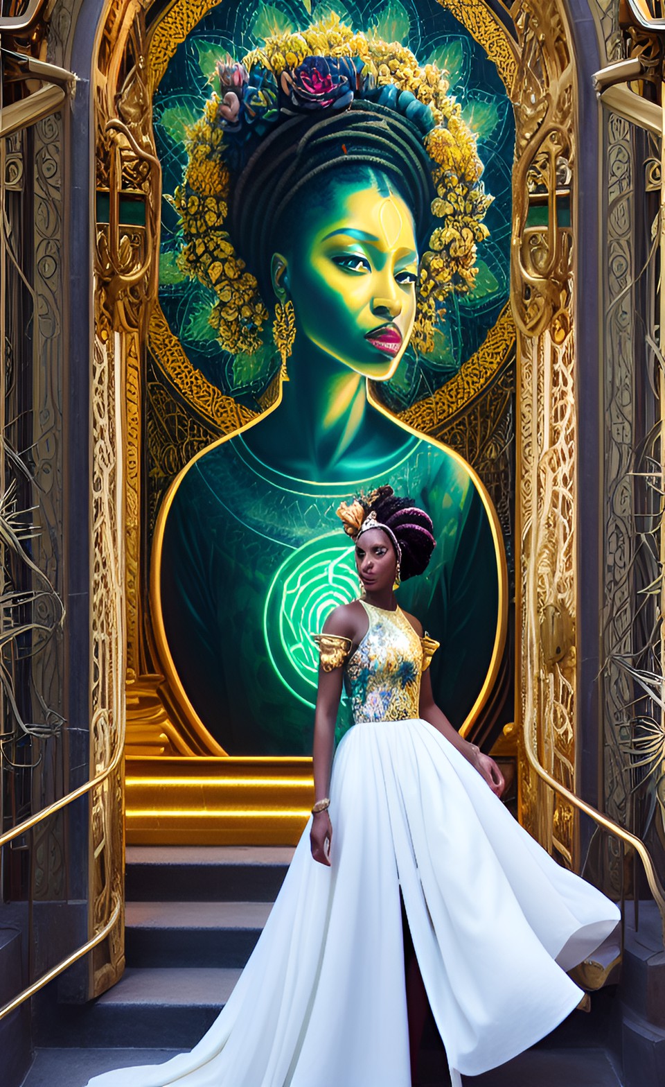 portrait fantasy nubian goddess with nubian twist hairstyle, golds and white, succulents, white neon glow, hd, palace steps, white marble preview